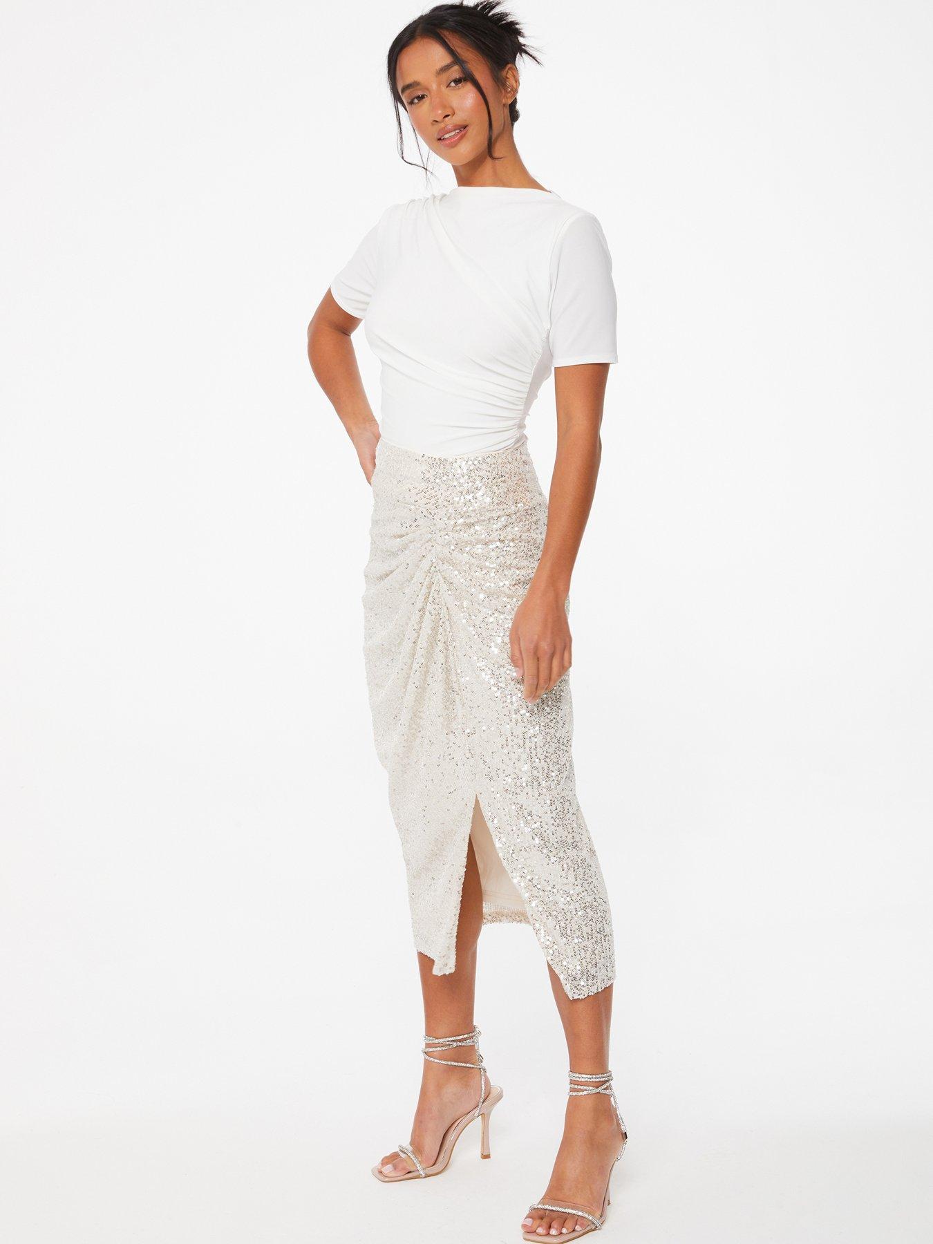 Quiz Petite Champagne Sequin Ruched Midi Skirt littlewoods