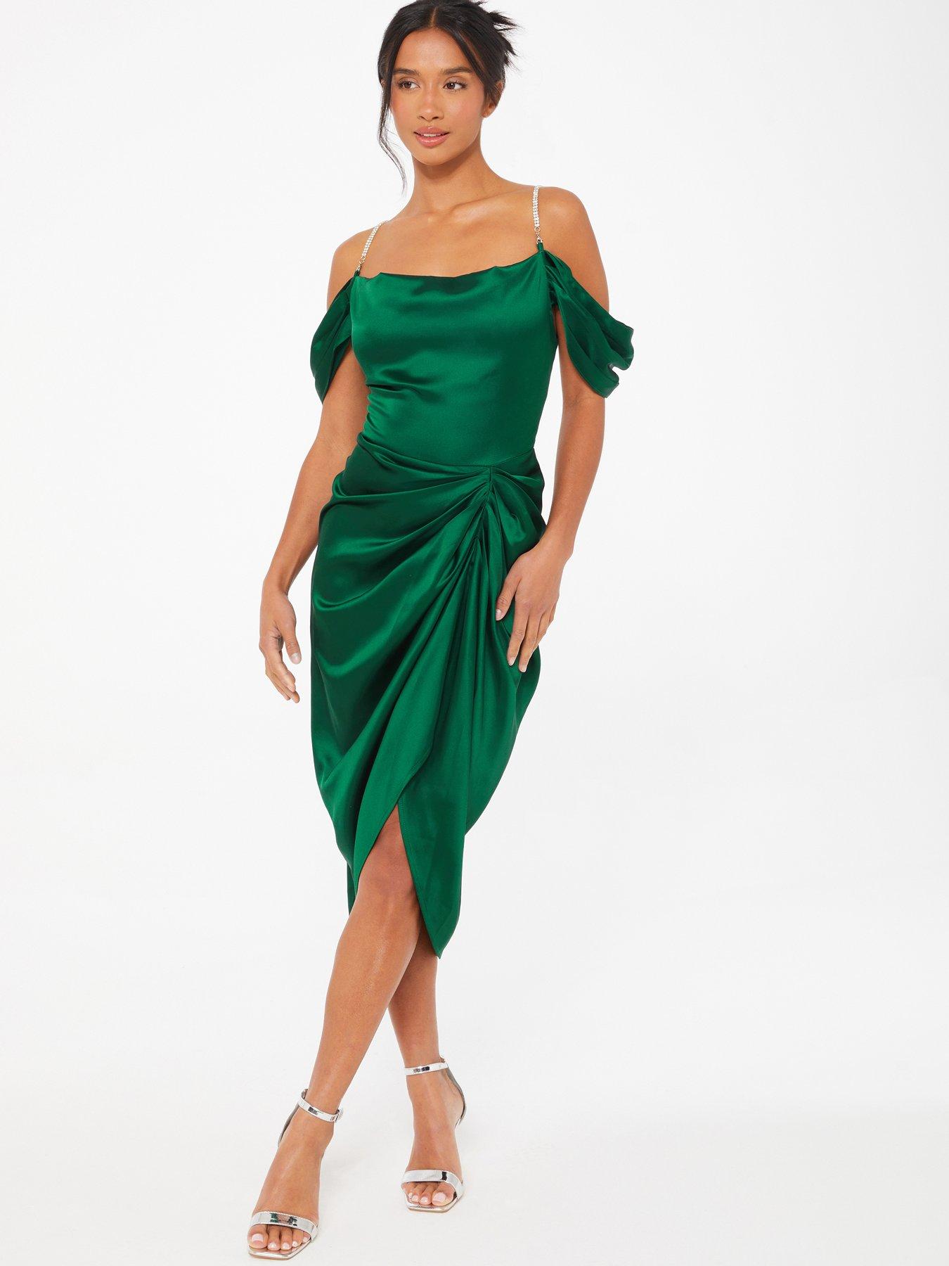 Petite Green Satin Ruched Cold Shoulder Midi Dress