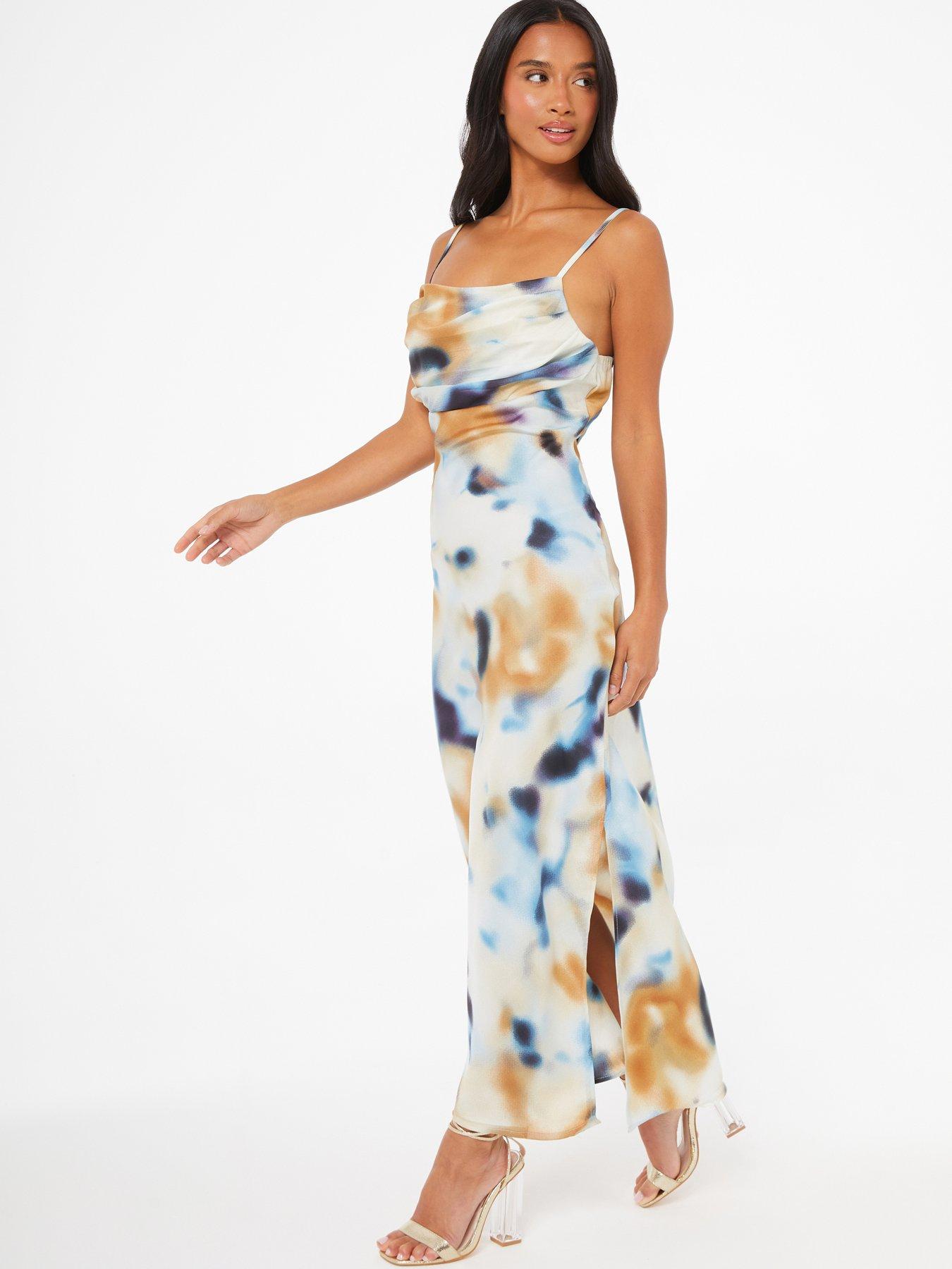 Quiz Petite Multicoloured Marble Print Satin Midaxi Dress