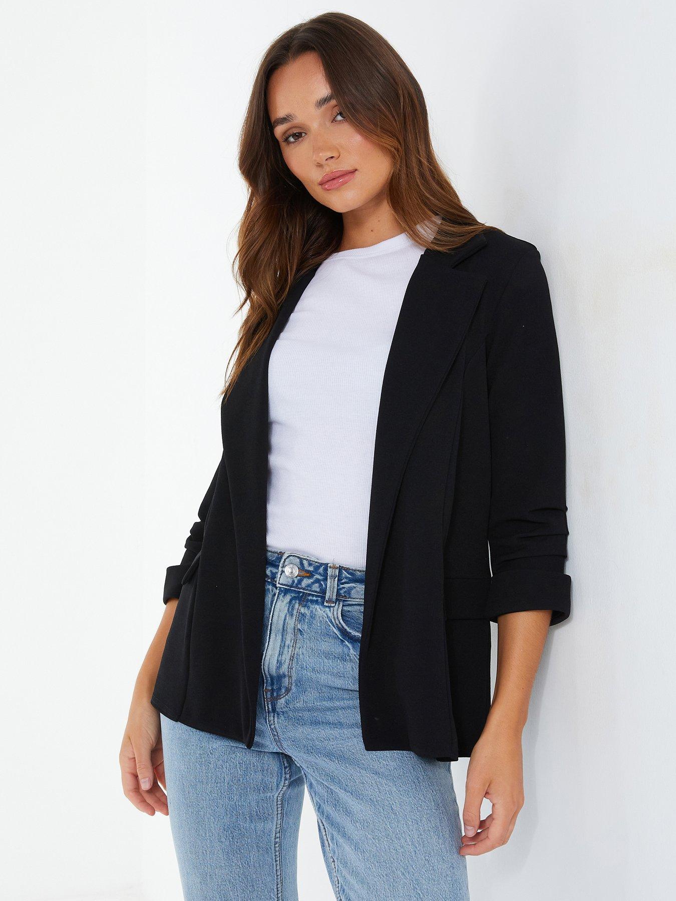 quiz-ruched-sleeve-blazer-black