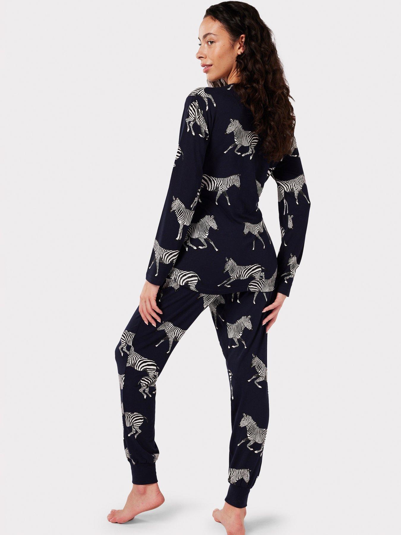  image of chelsea-peers-maternity-navy-zebra-print-crewneck-long-pyjama-set