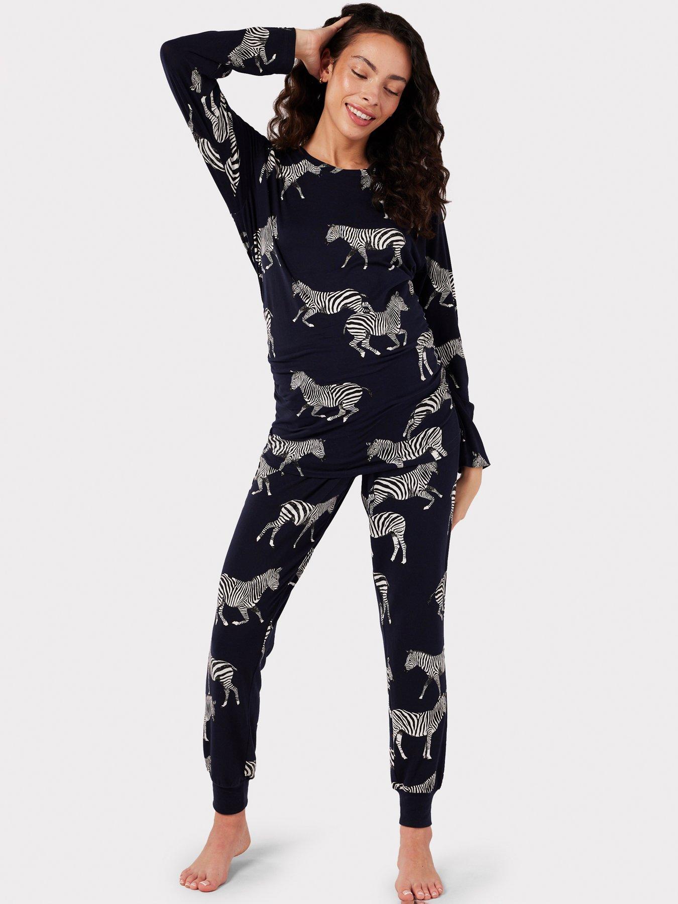  image of chelsea-peers-maternity-navy-zebra-print-crewneck-long-pyjama-set