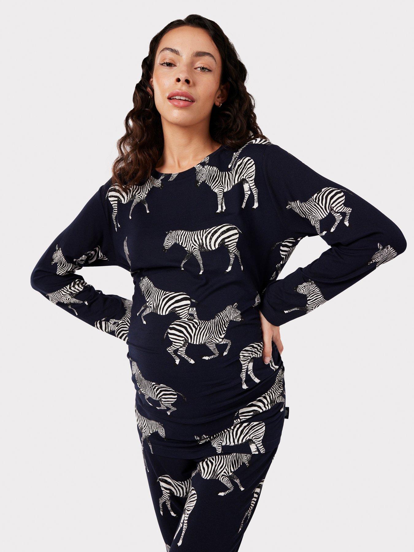  image of chelsea-peers-maternity-navy-zebra-print-crewneck-long-pyjama-set