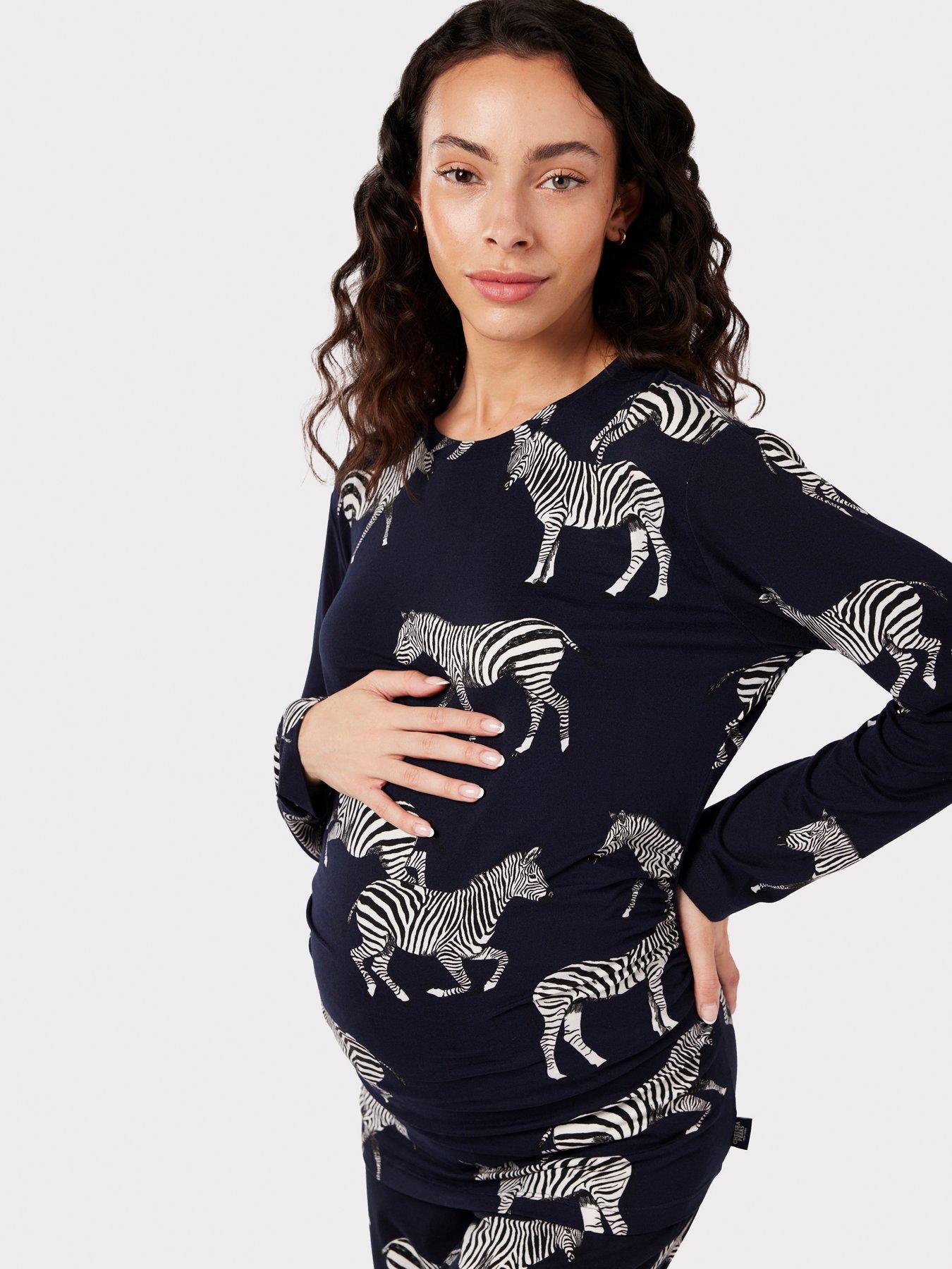 image of chelsea-peers-maternity-navy-zebra-print-crewneck-long-pyjama-set