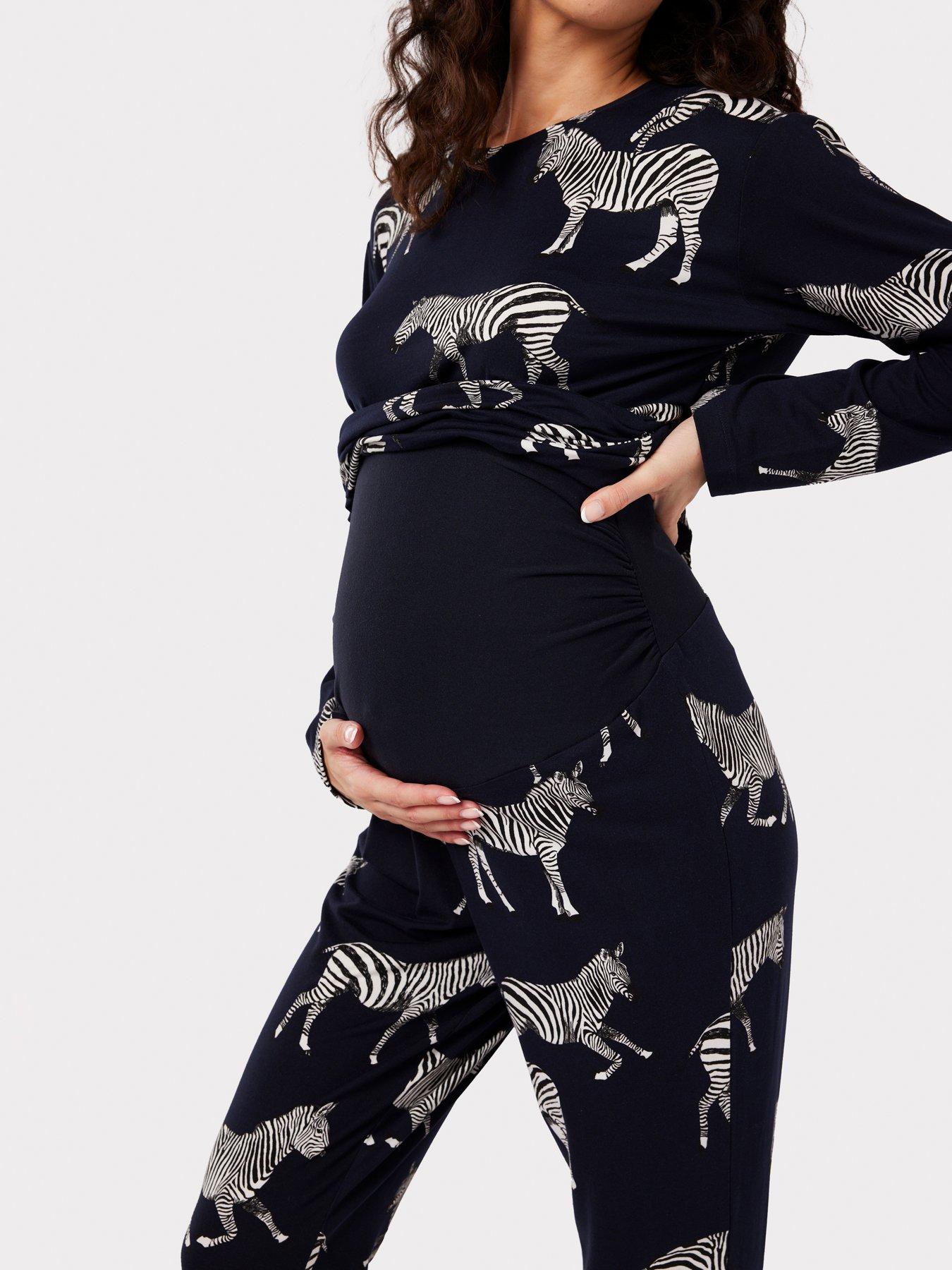  image of chelsea-peers-maternity-navy-zebra-print-crewneck-long-pyjama-set