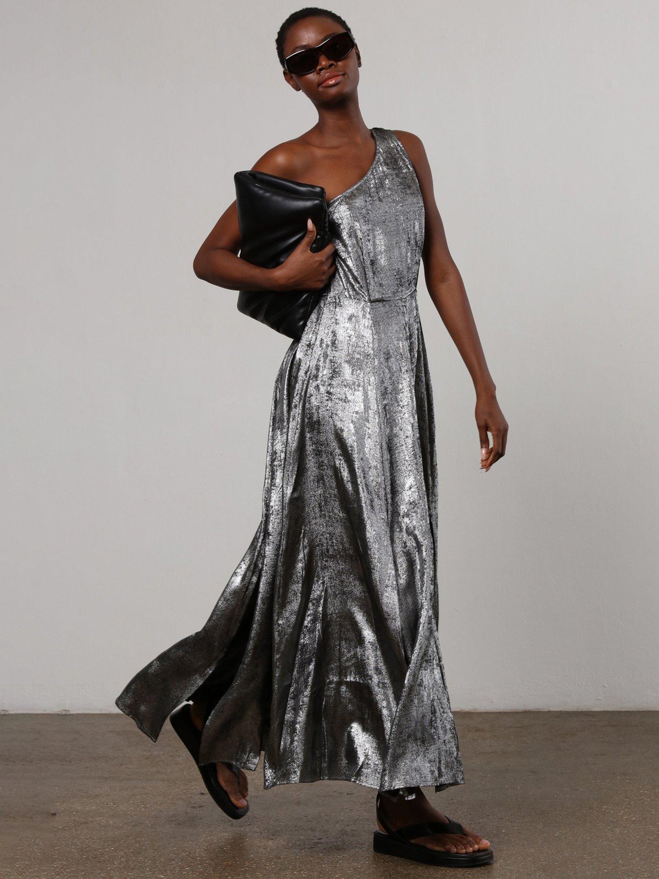 undefined One Shoulder Maxi Dress - Silver
