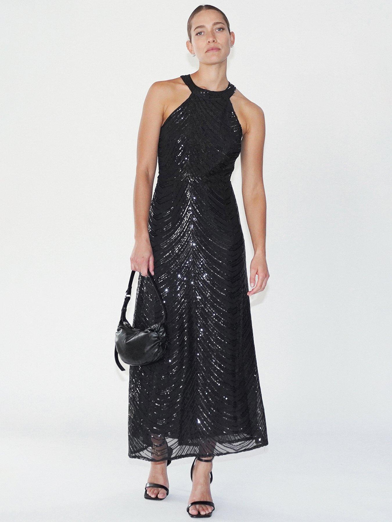 Religion Halterneck Beaded Sequin Midi Maxi Dress Black