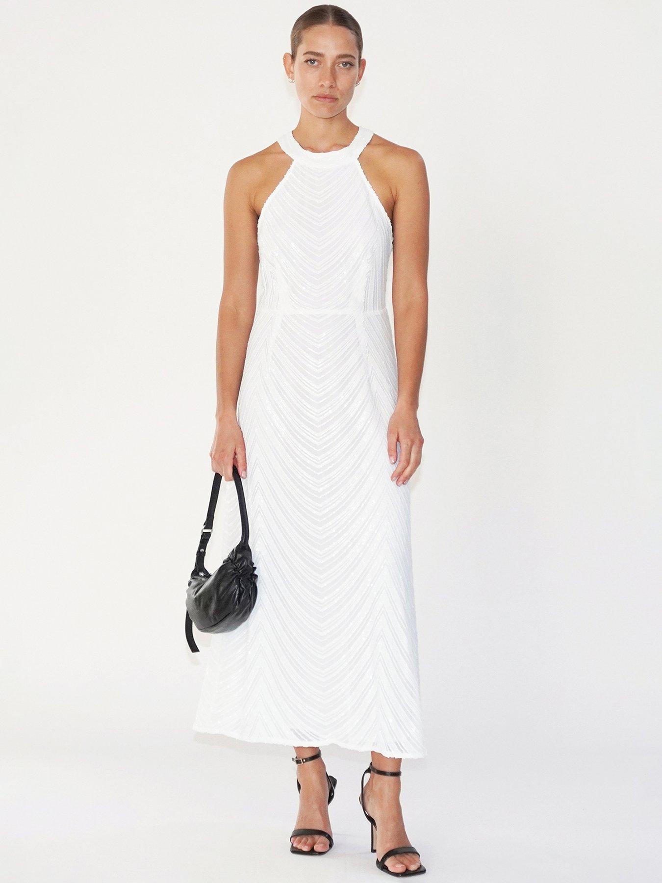 Religion Halterneck Beaded Sequin Midi Maxi Dress - White