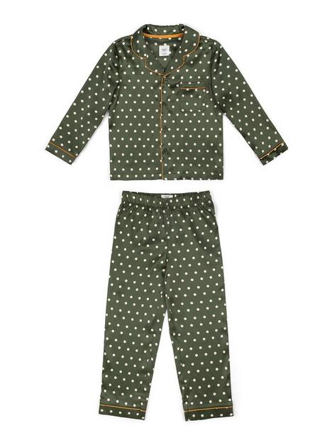 chelsea-peers-unisex-kids-long-button-up-spot-print-satin-pyjamas-khaki