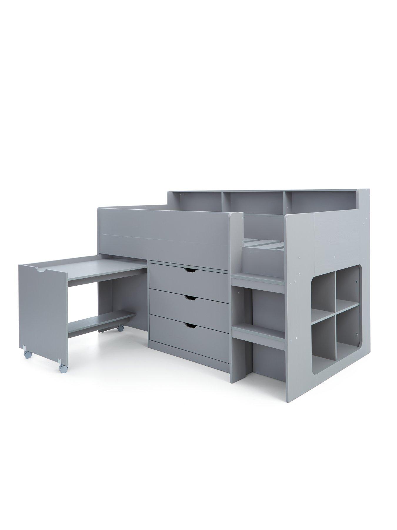  image of very-home-aspen-mid-sleeper-bed-frame-with-desk-drawers-and-shelves-plus-mattress-options-buy-and-save-grey