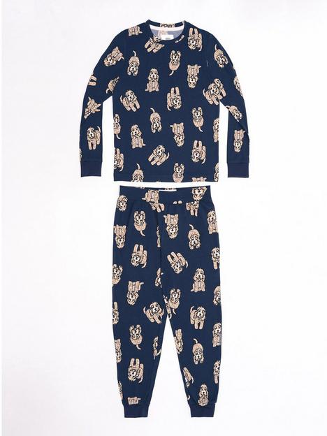 chelsea-peers-unisex-kids-cockapoo-print-jersey-long-pyjama-set-navy