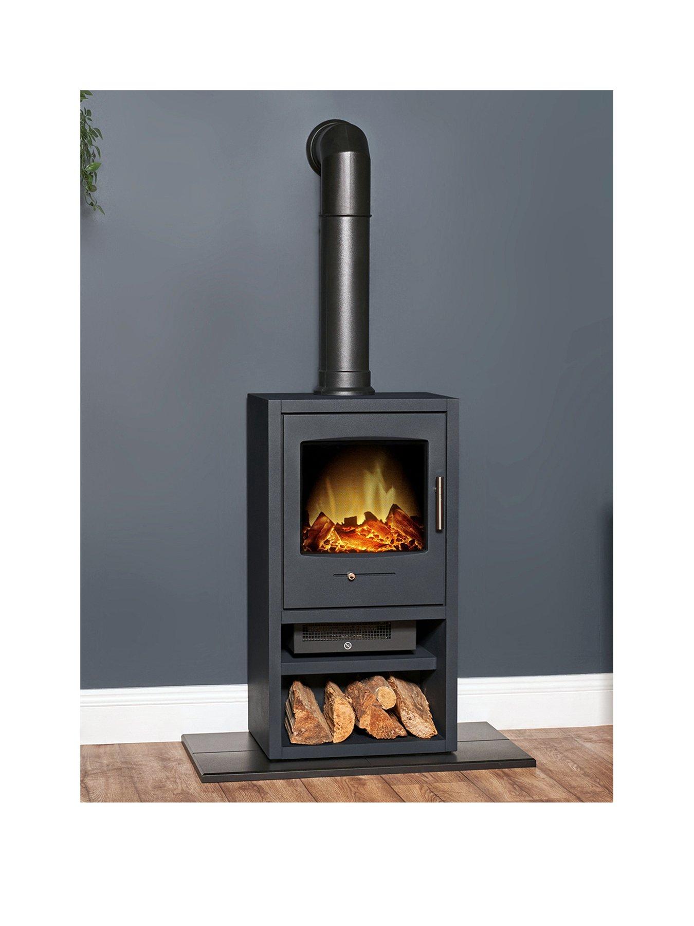Adam Fires & Fireplaces Adam Bergen XL Electric Stove in Charcoal Grey with Tall Angled Stove Pipe in Black