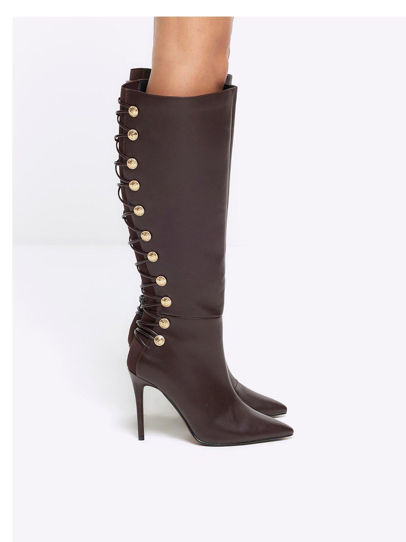 Knee High Button Detail Boot Brown