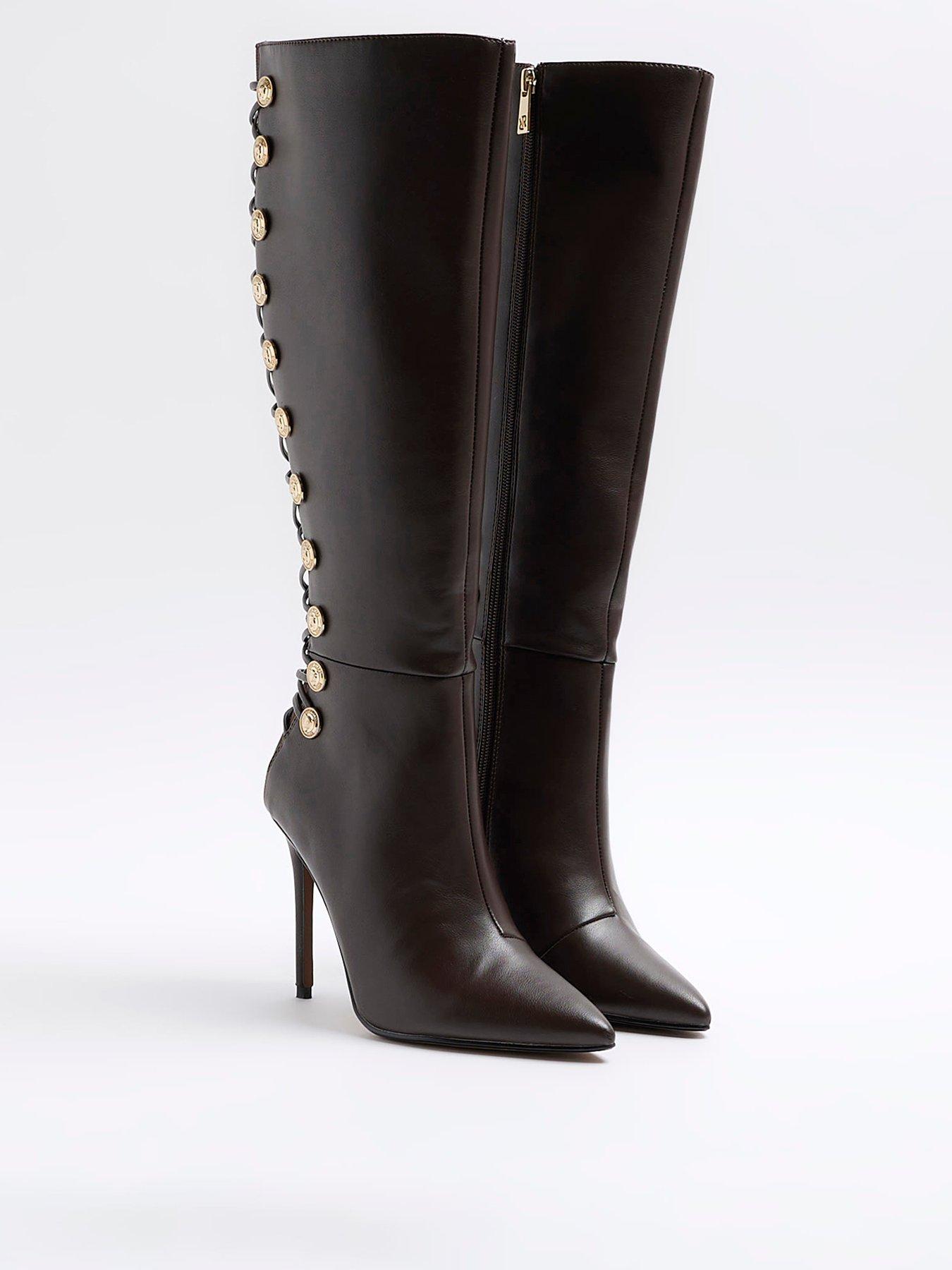 River Island Knee High Button Detail Boot Brown littlewoods