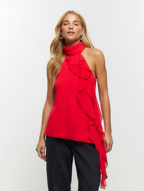 front image of river-island-frill-detail-halterneck-top-red