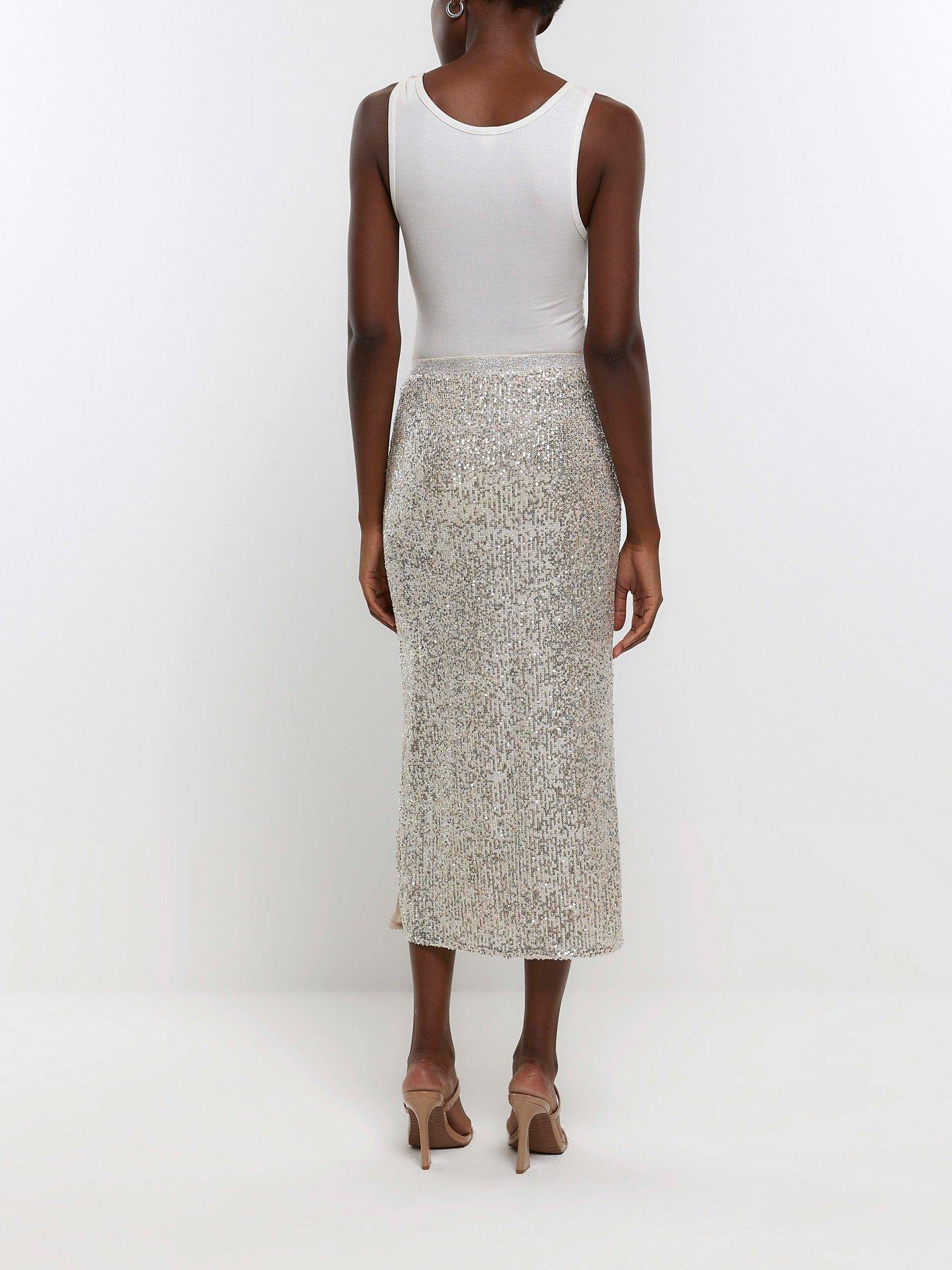 River Island Sequin Detail Midi Skirt Silver littlewoods