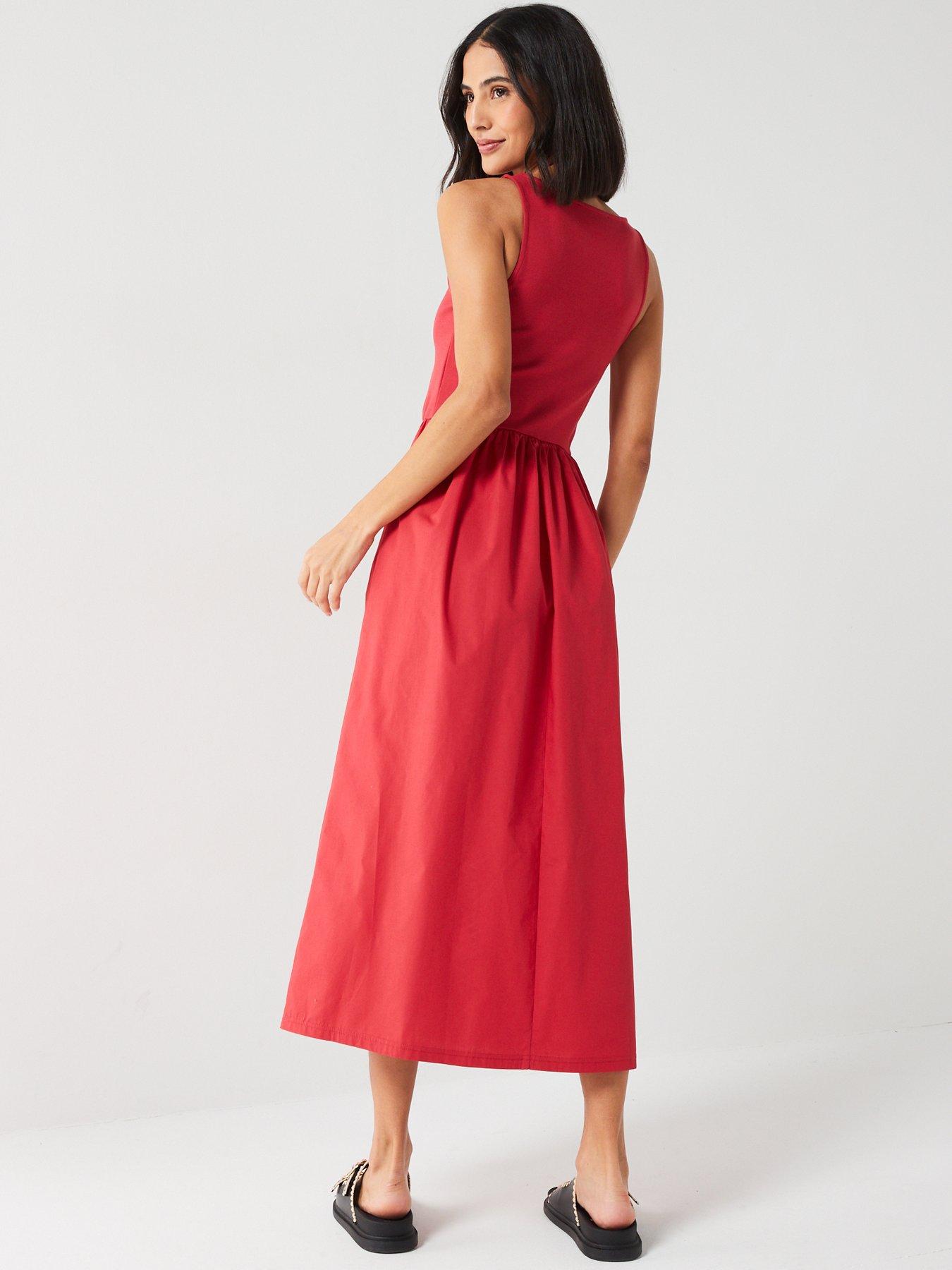 Square Neck Skater Midi Dress Red