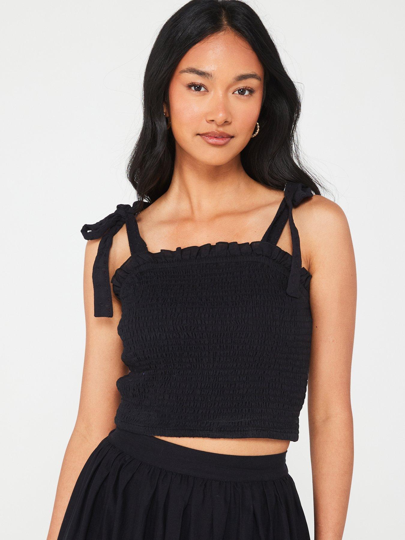 undefined Strappy Broidery Co-Ord Top - Black