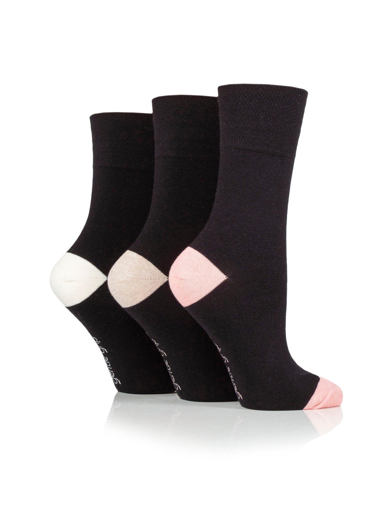 undefined 3 Pair Ladies Gentle Grip Socks - Seclude Contrast Heel And Toe - Black