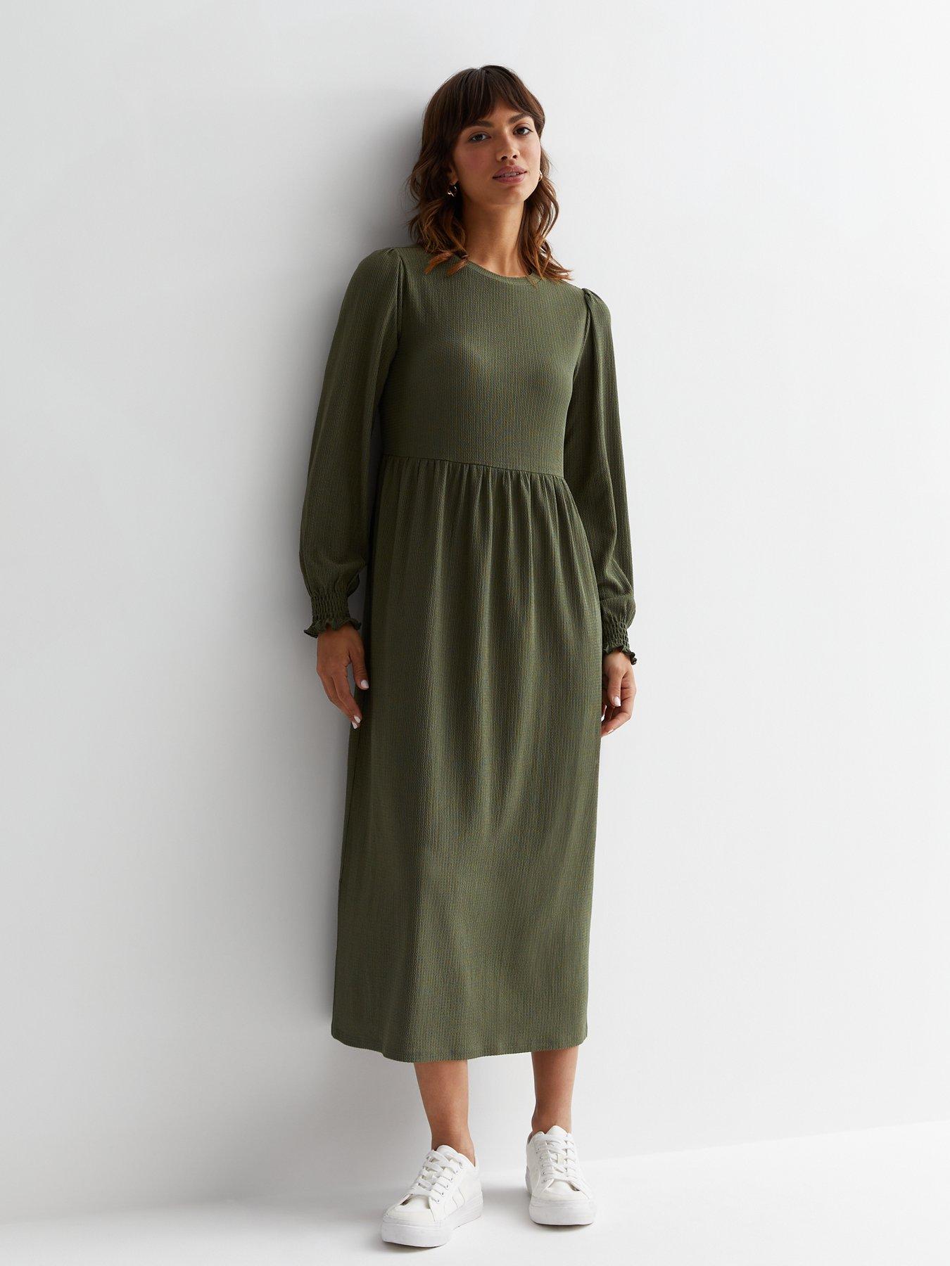 Khaki Crinkle Jersey Long Sleeve Midi Smock Dress