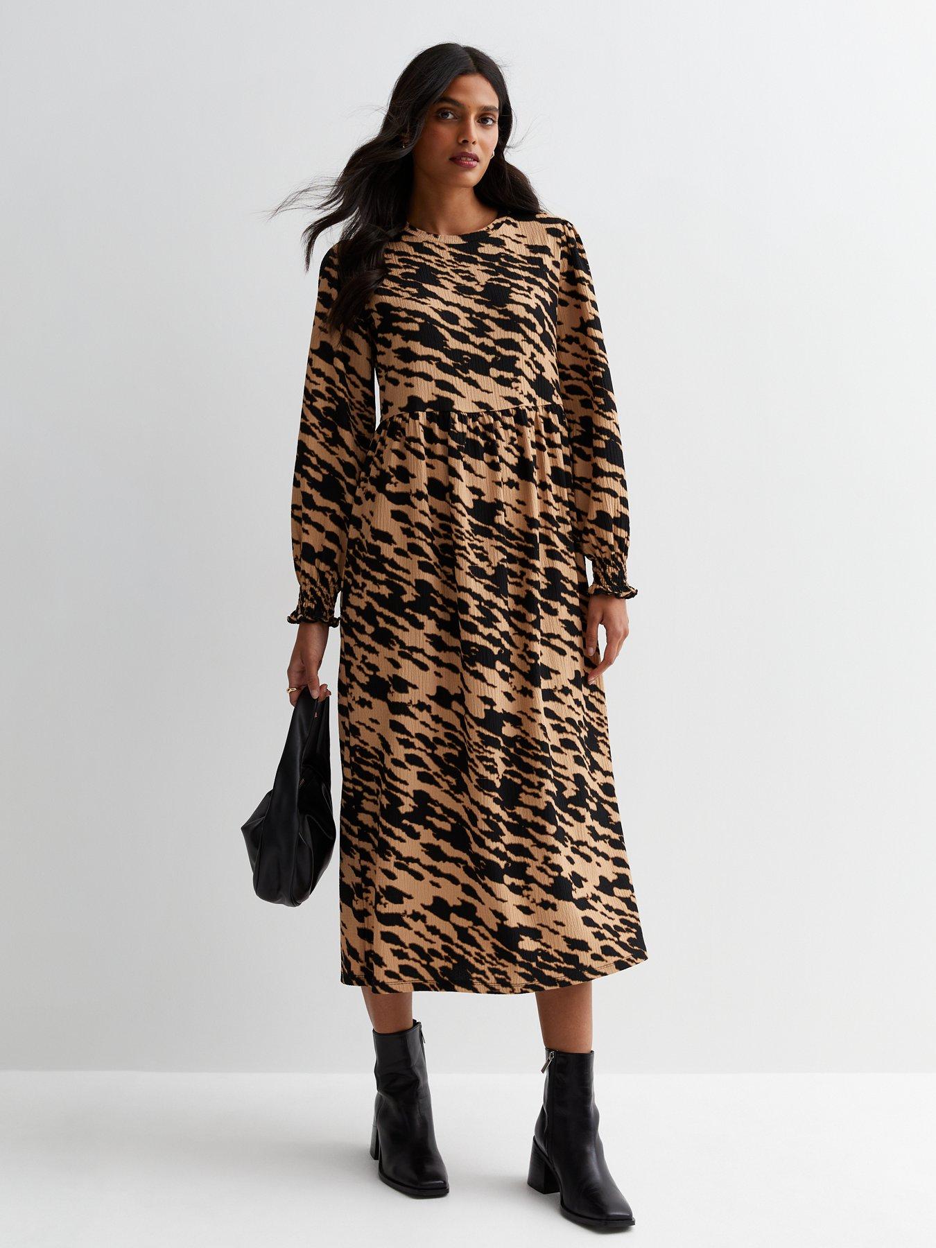 New Look Brown Animal Print Crinkle Jersey Midaxi Smock Dress