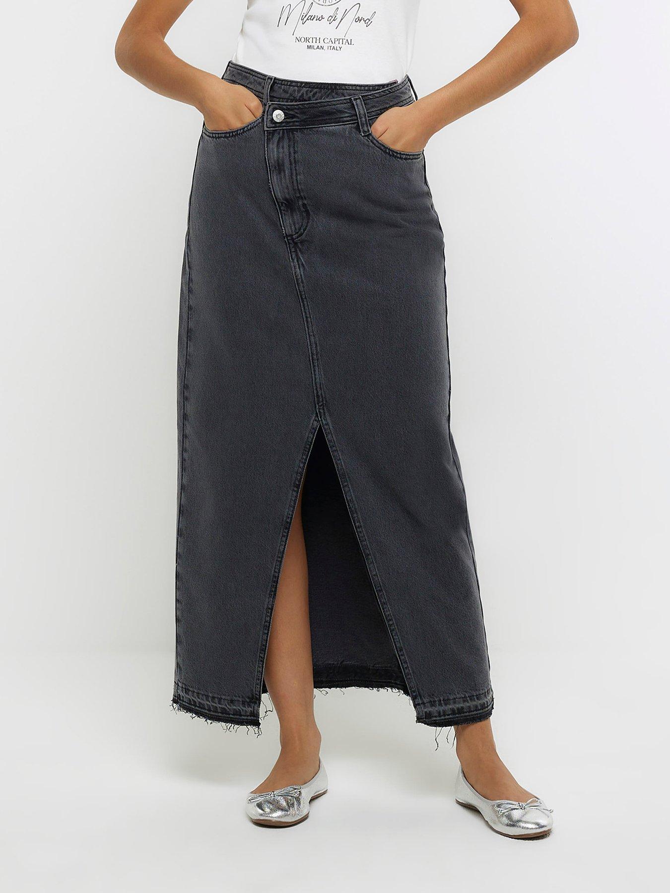 undefined Asymmetric Waist Denim Maxi Skirt - Grey