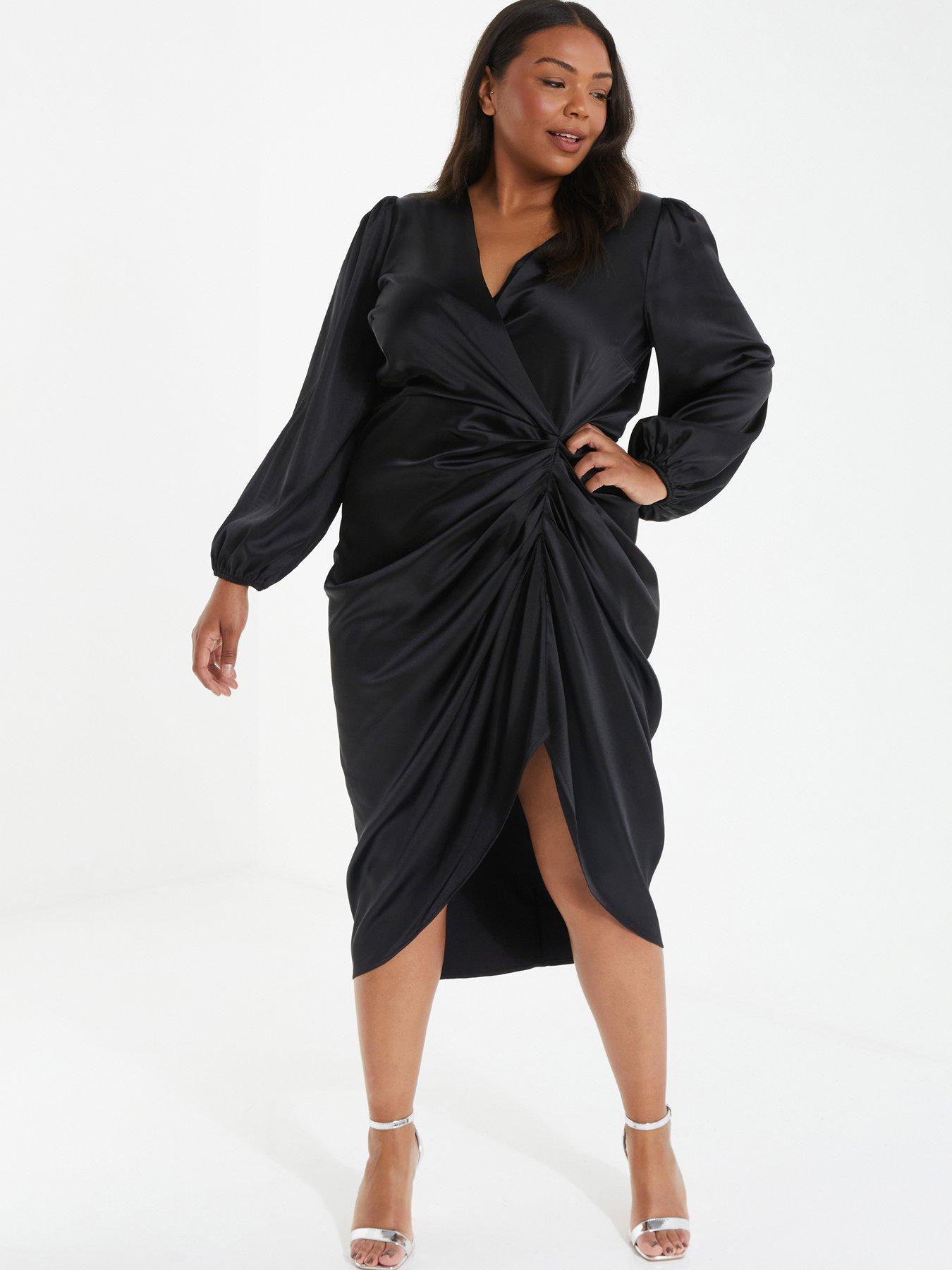 Quiz Curve Curve Black Satin Rushed Midi Dress | littlewoods.com