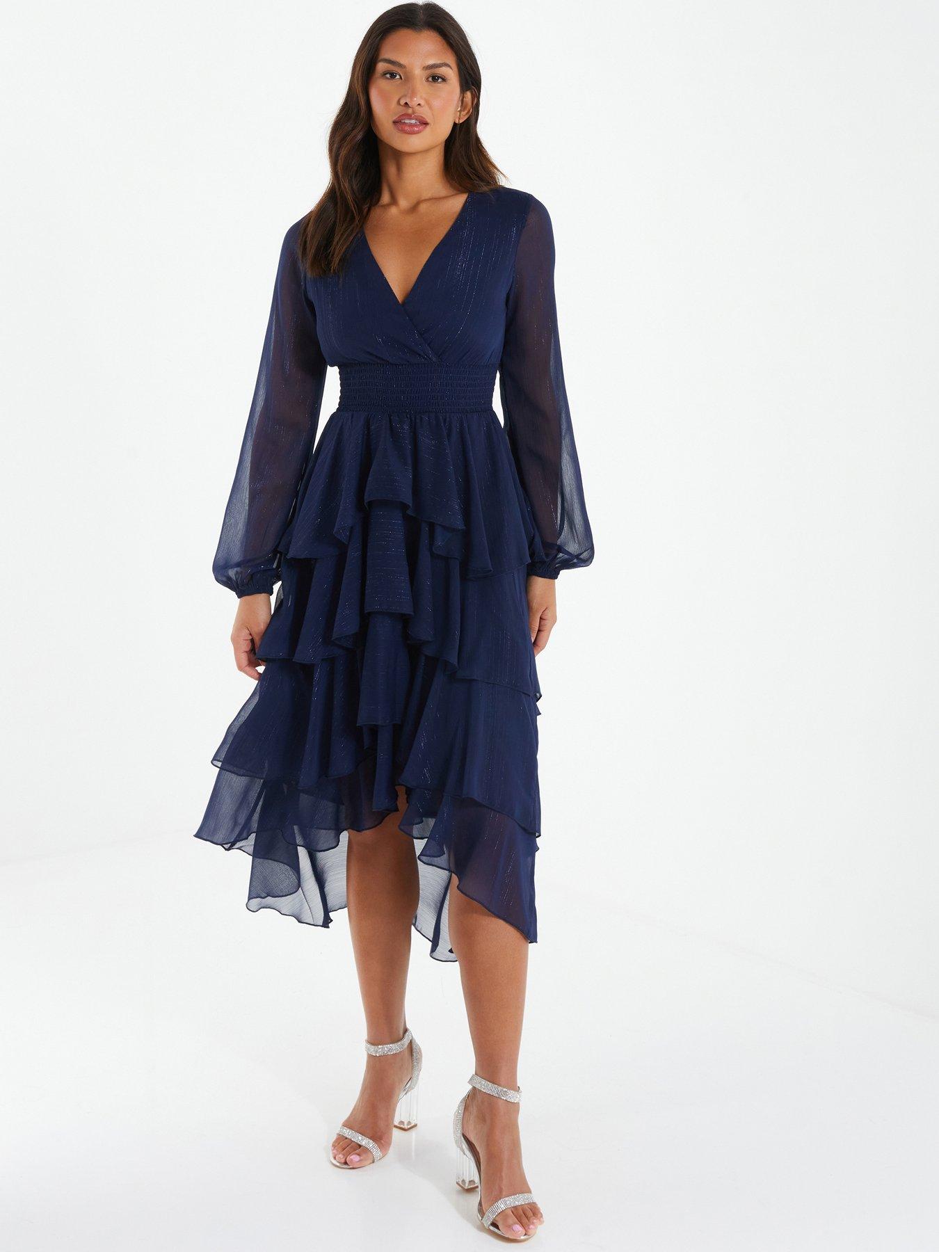 Navy Long Sleeve Tiered Midi Dress