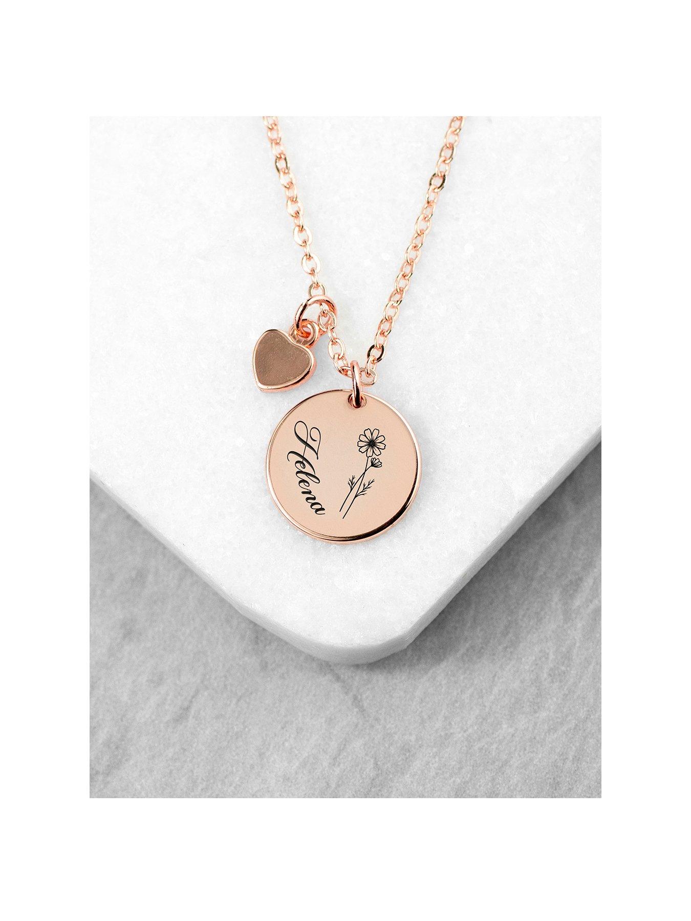 undefined Personalised Birth Flower Heart and Disc Necklace - Rose Gold