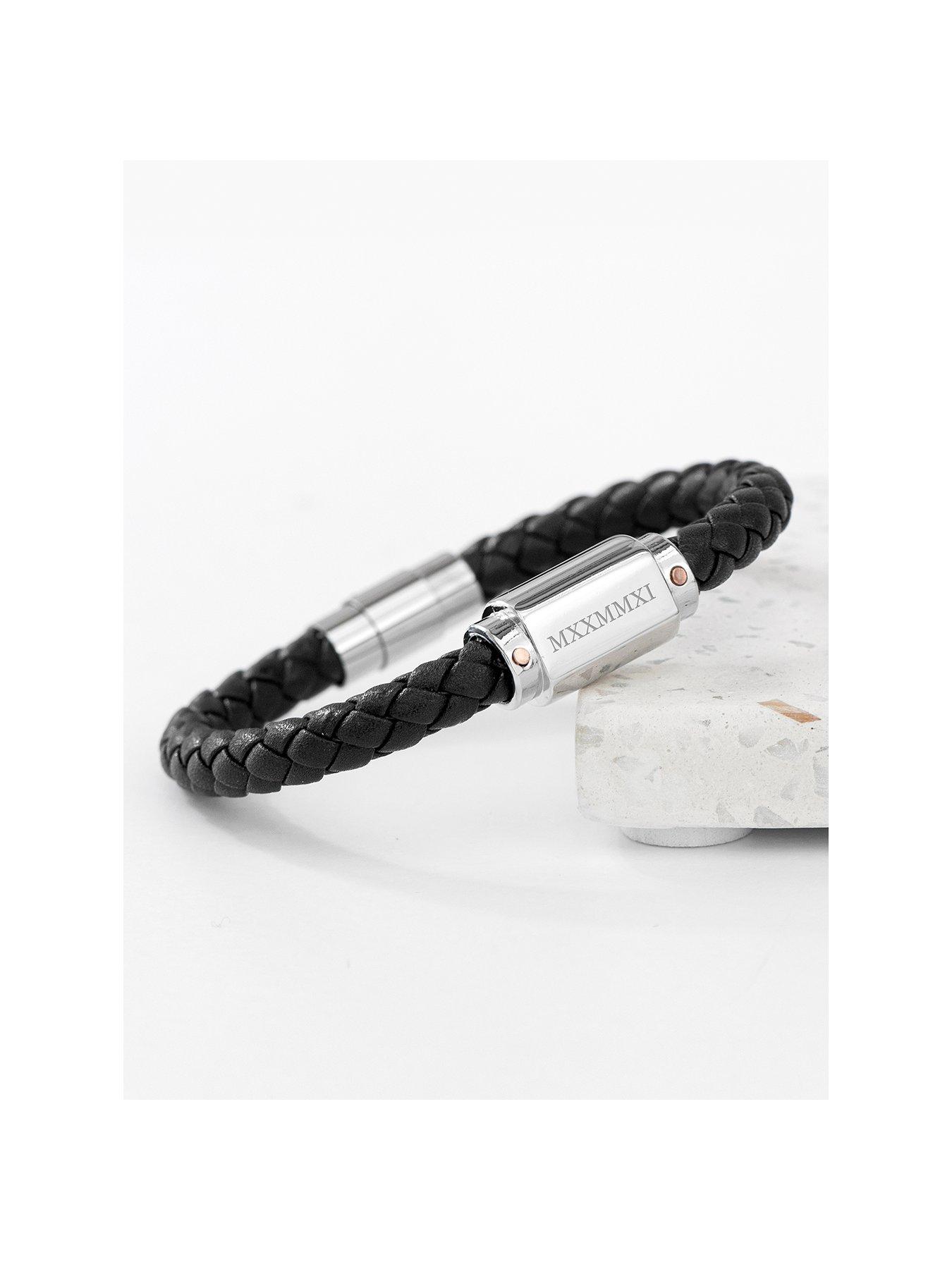 Treat Republic Personalised Men's Roman Numerals Luxury Black Leather Bracelet