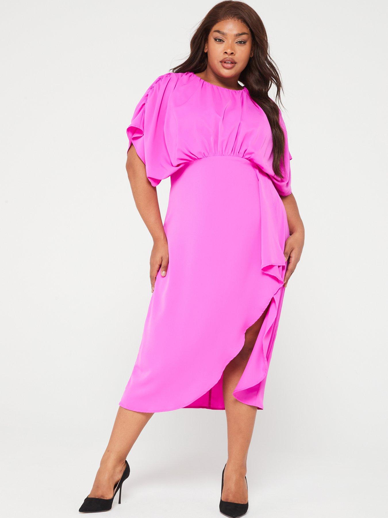 AX PARIS CURVE Cinched Midi Dress Hot Pink Littlewoods