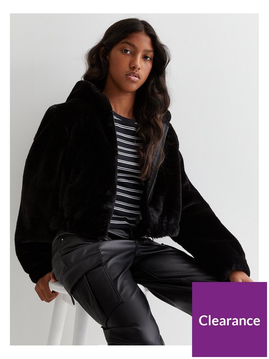 front image of new-look-915-girls-black-faux-fur-hooded-jacket
