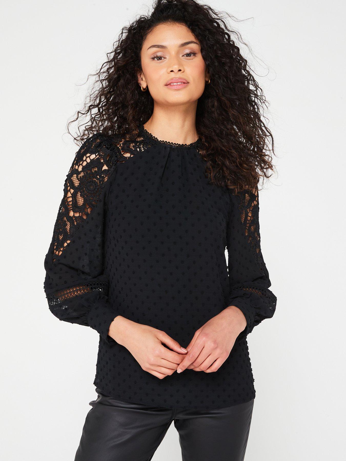 undefined Lace Sleeve Dobby High Neck Blouse- Bla