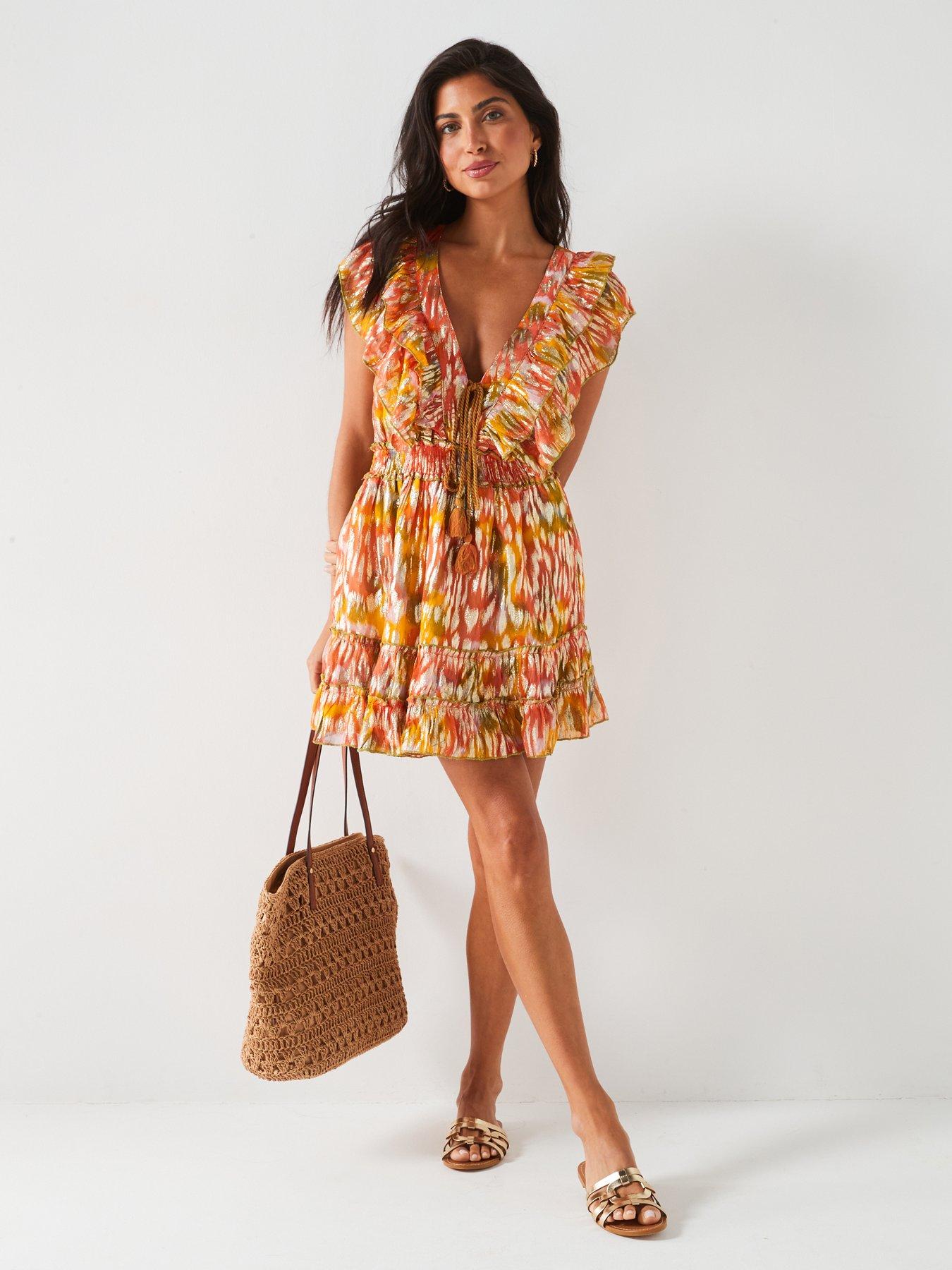 undefined Double Frill Lurex Tiered Beach Mini Dress - Orange