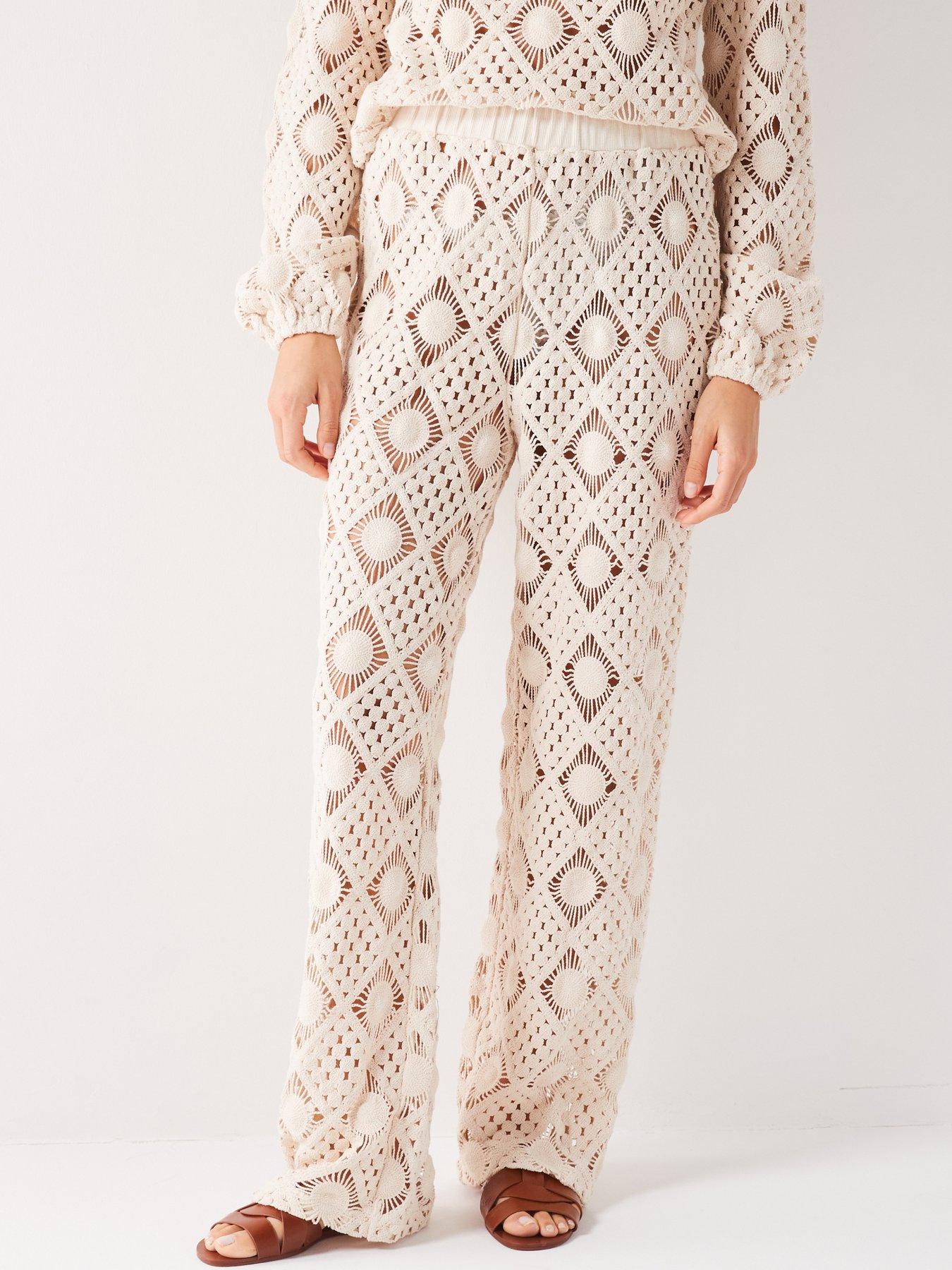 undefined Open Crochet Trouser Co-Ord - Cream