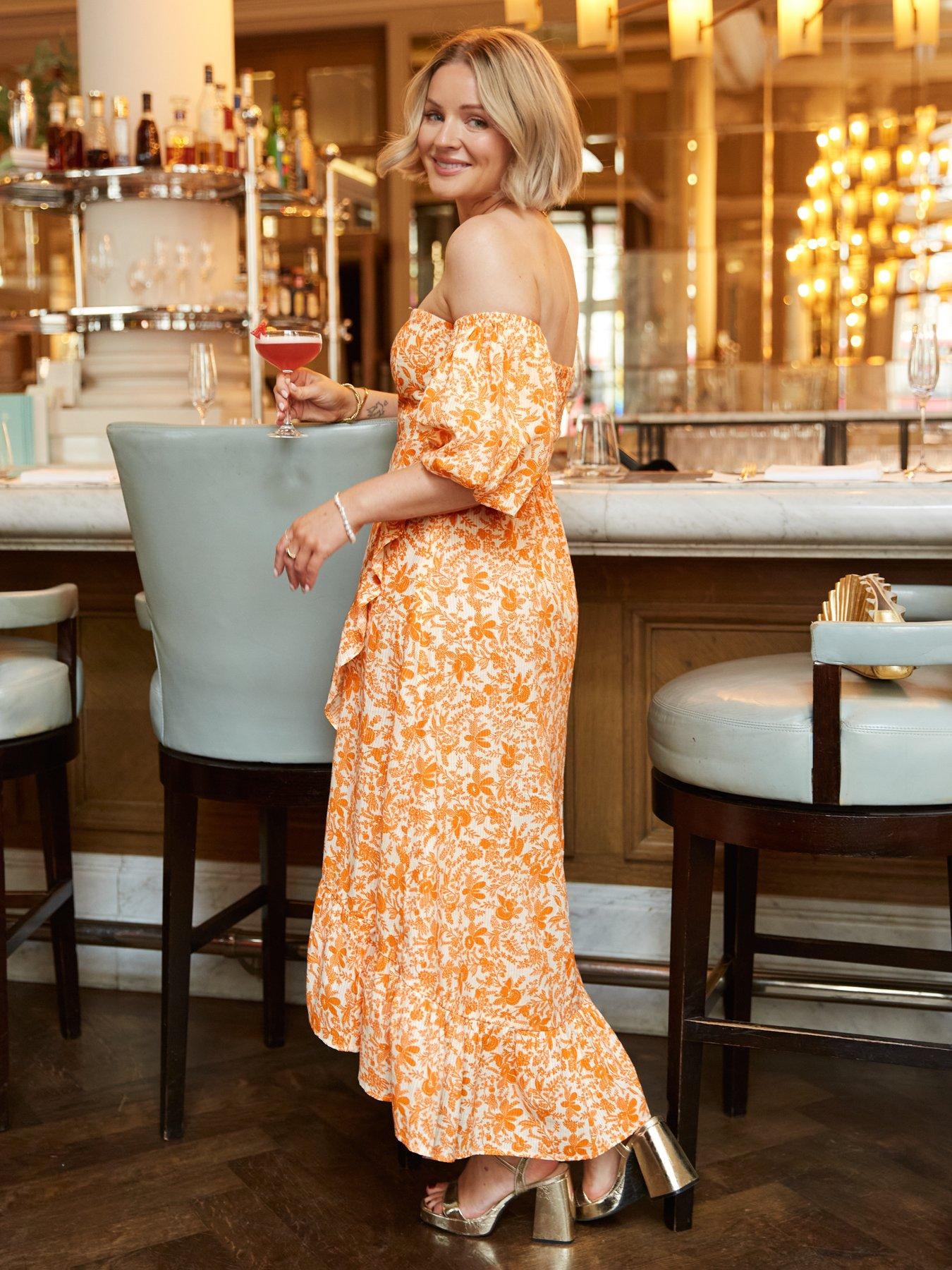 river island orange bardot dress River Island Plus ruffle bardot midi dress in beige