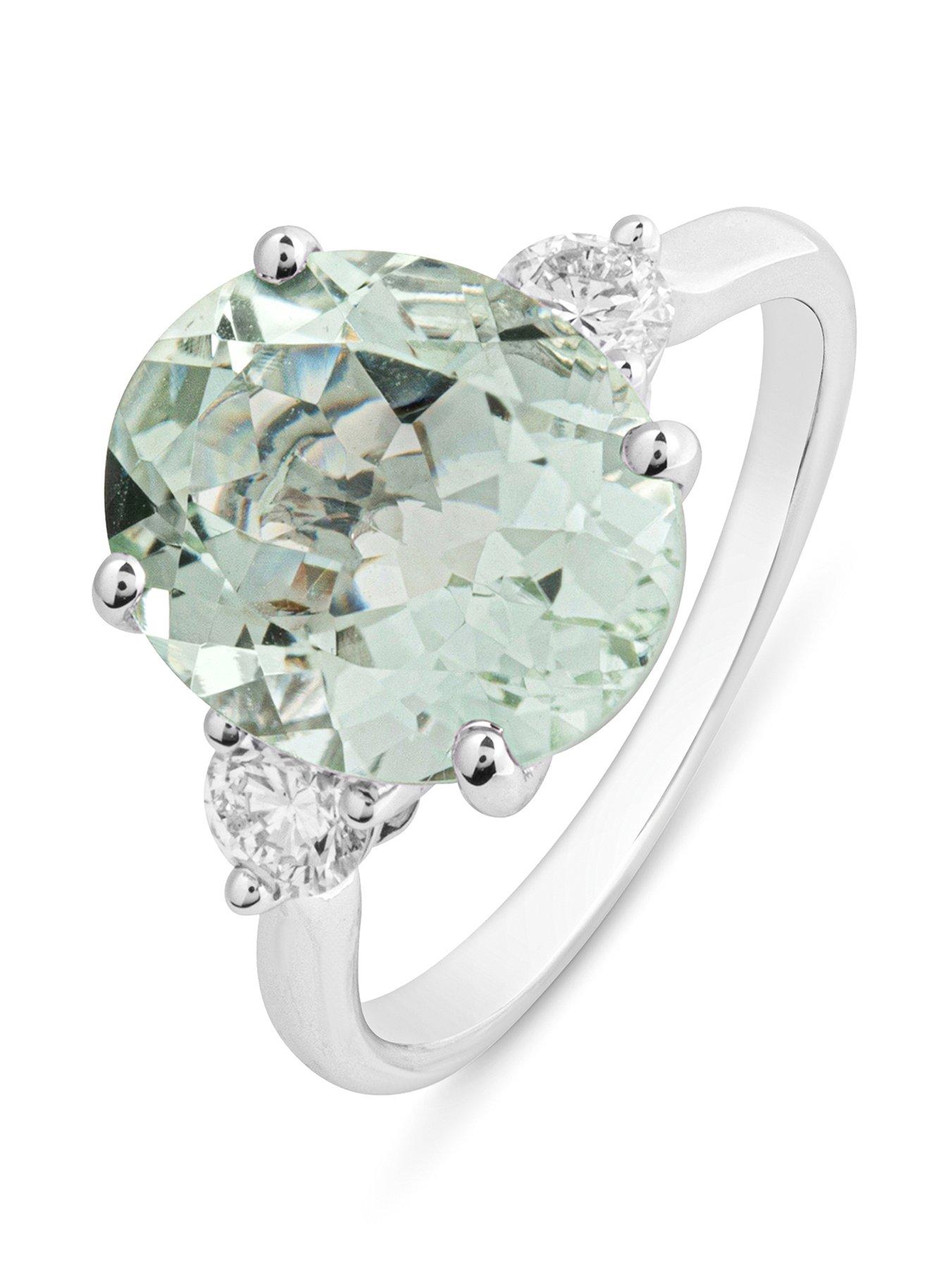 The Love Collection Lottie 9ct White Gold Natural Green Amethyst with Oval Cut 0.35ct Lab Grown Diamond Ring.
