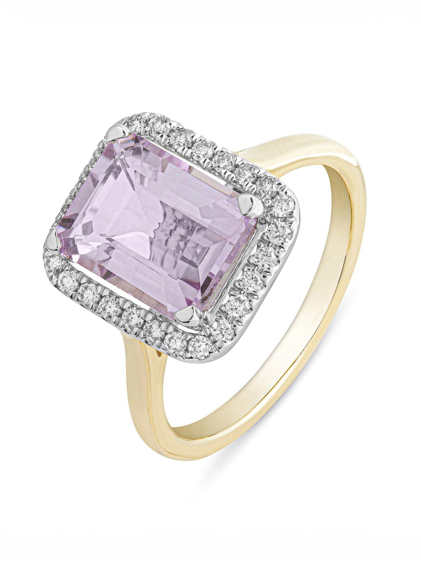 the-love-collection-reeva-9ct-gold-natural-pink-amethyst-10x8mm-emerald-cut-025ct-lab-grown-diamond-ring