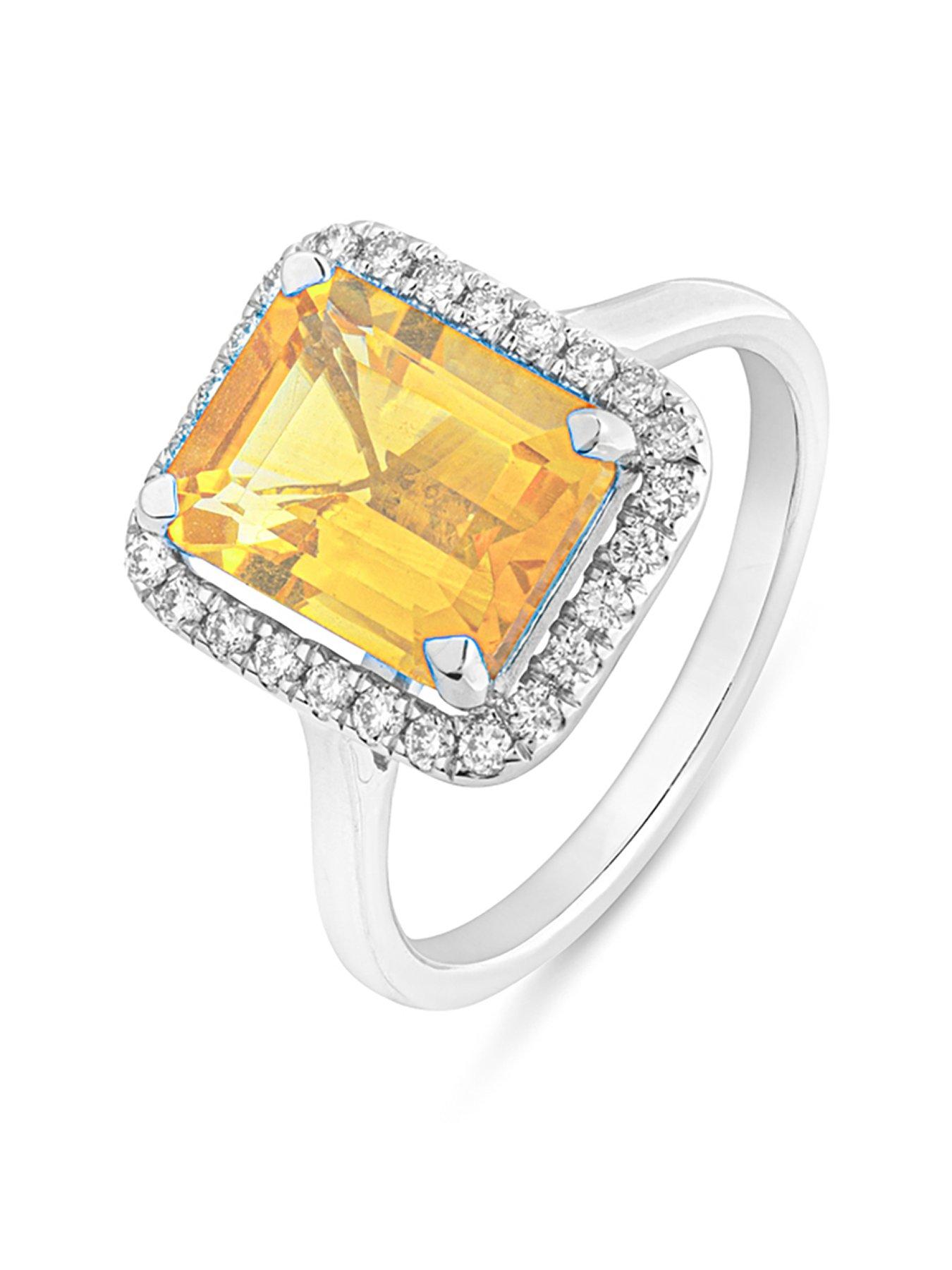 The Love Collection Reeva 9ct White Gold Natural Citrine 10x8 mm Emerald Cut 0.25ct Lab Grown Diamond Ring