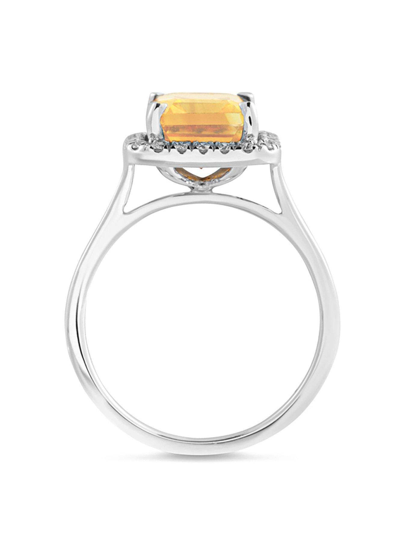  image of the-love-collection-reeva-9ct-white-gold-natural-citrine-10x8-mm-emerald-cut-025ct-lab-grown-diamond-ring