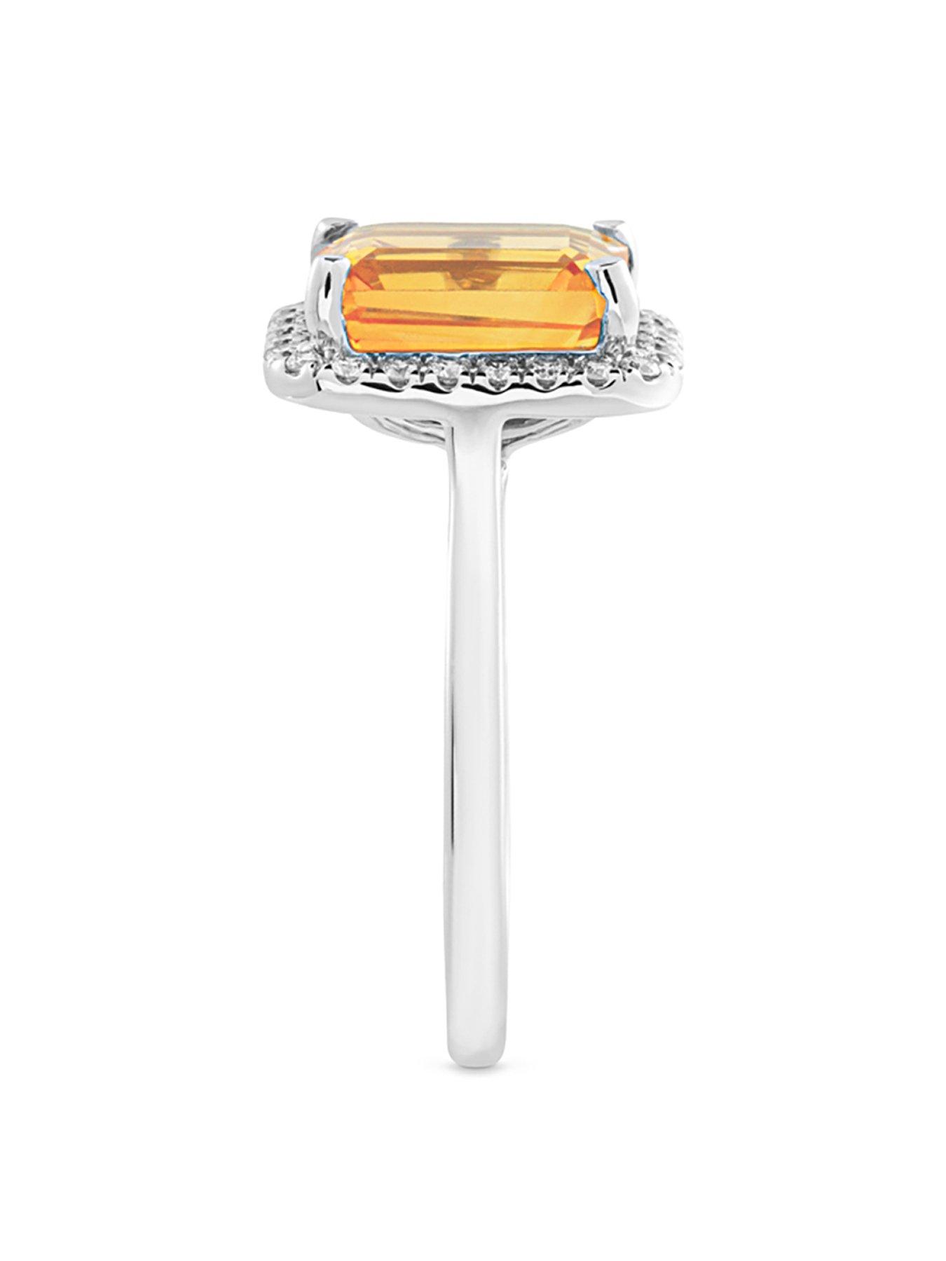  image of the-love-collection-reeva-9ct-white-gold-natural-citrine-10x8-mm-emerald-cut-025ct-lab-grown-diamond-ring
