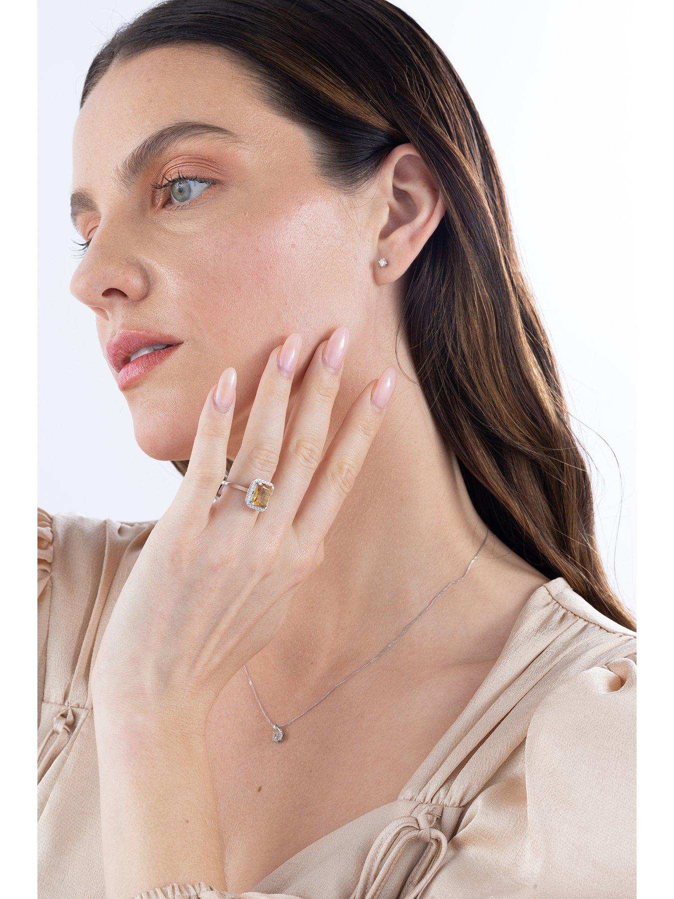  image of the-love-collection-reeva-9ct-white-gold-natural-citrine-10x8-mm-emerald-cut-025ct-lab-grown-diamond-ring