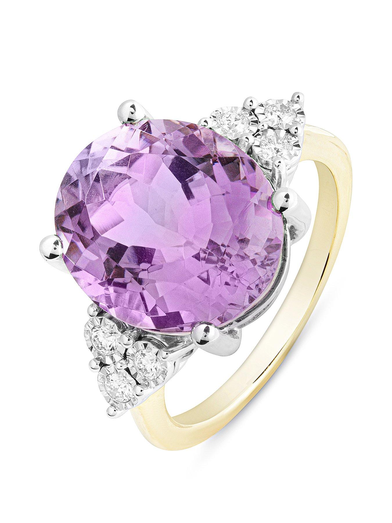 The Love Collection Sofia 9ct Gold Natural Amethyst 12x10mm Oval 0.15ct Lab Grown Diamond Ring