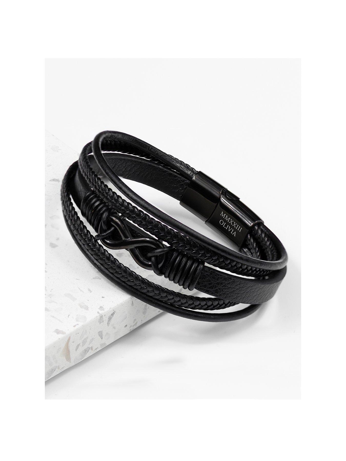 Treat Republic Personalised Men's Infinity Black Leather Stacked Bracelet