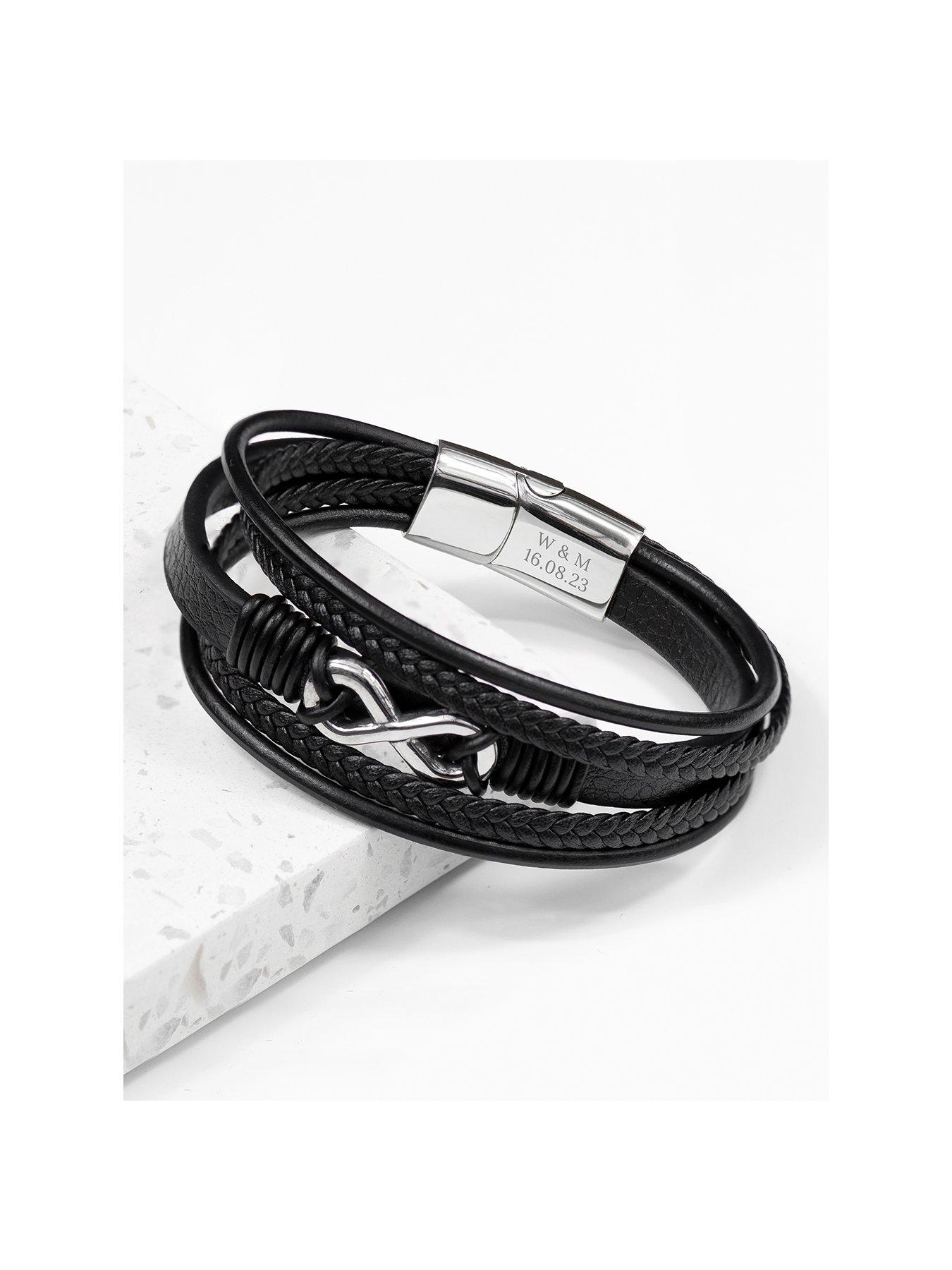 undefined Personalised Men's Infinity Gunmetal Black Leather Stacked Bracelet