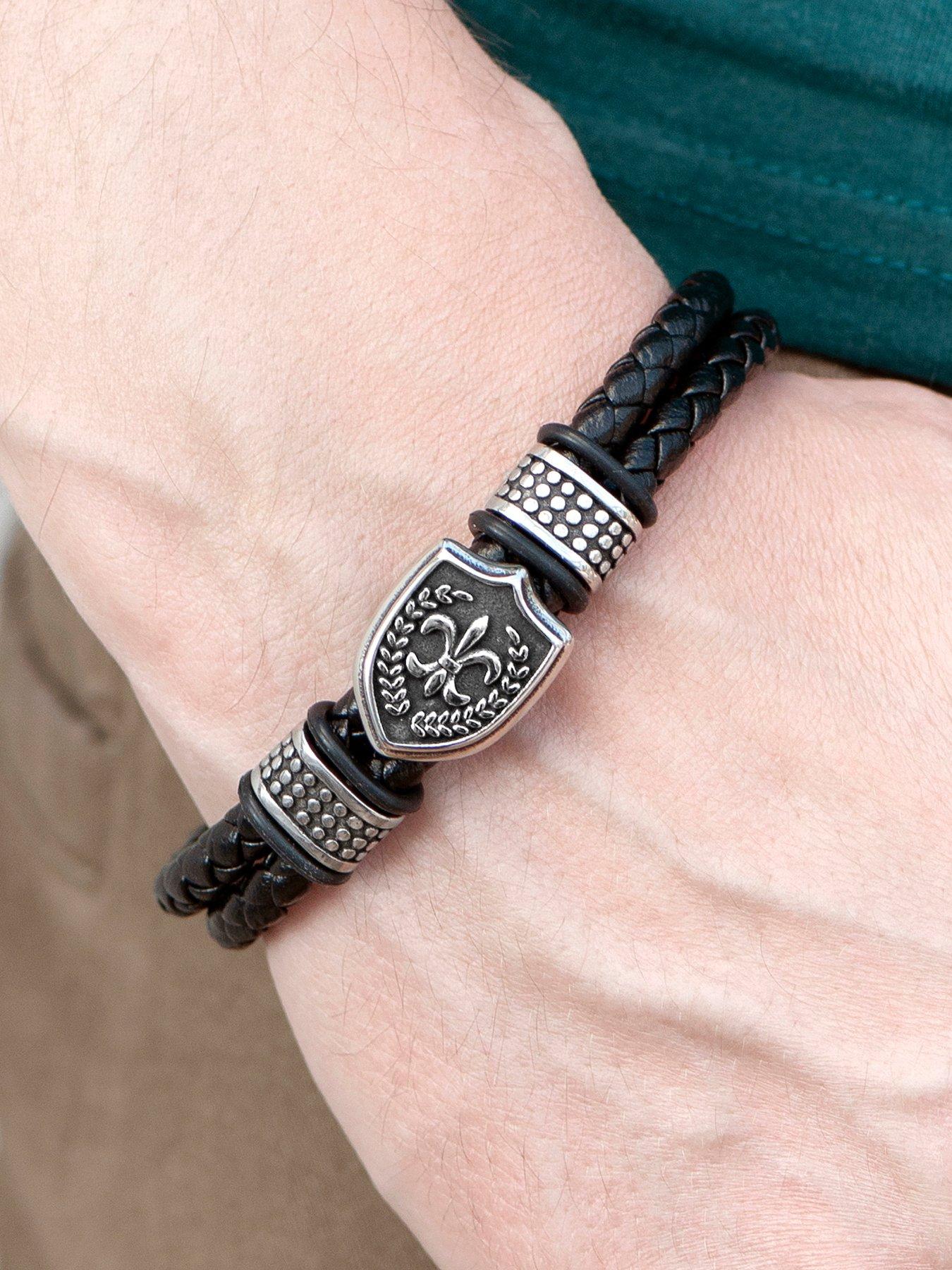  image of treat-republic-personalised-mens-warrior-shield-leather-bracelet