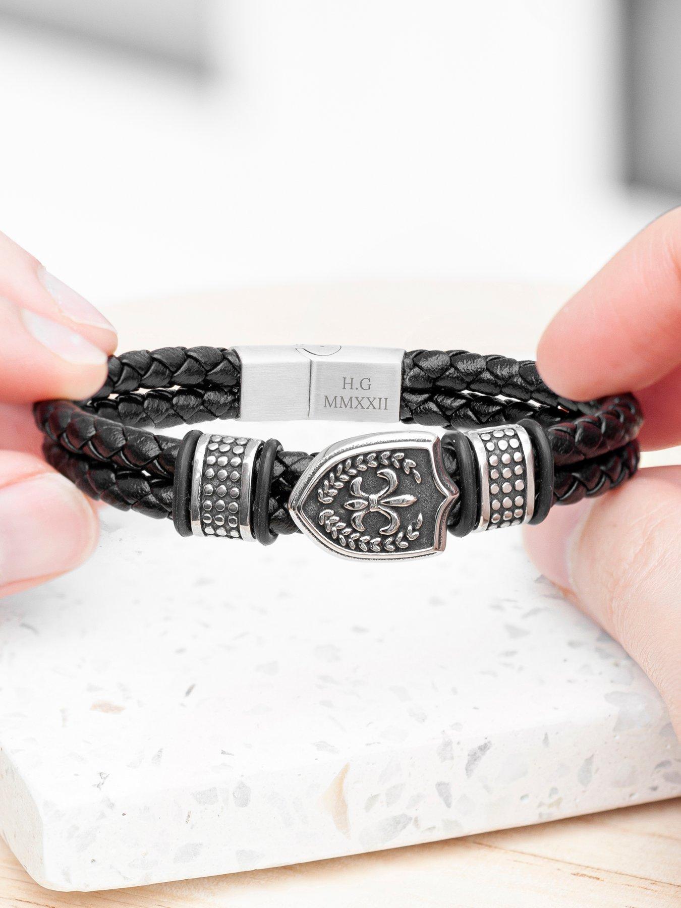  image of treat-republic-personalised-mens-warrior-shield-leather-bracelet