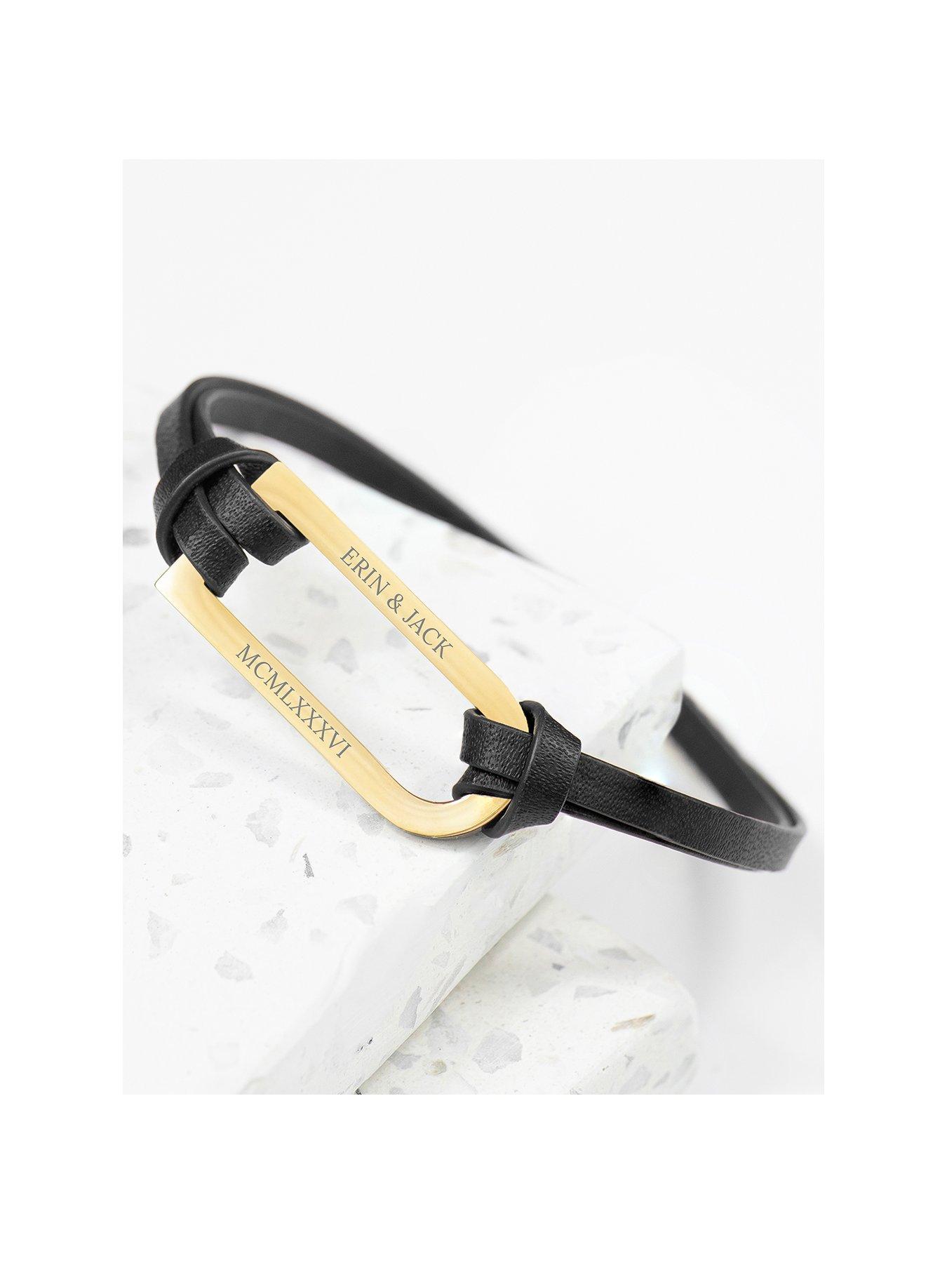 Treat Republic Personalised Men's Bar Black and Gold Leather Bracelet