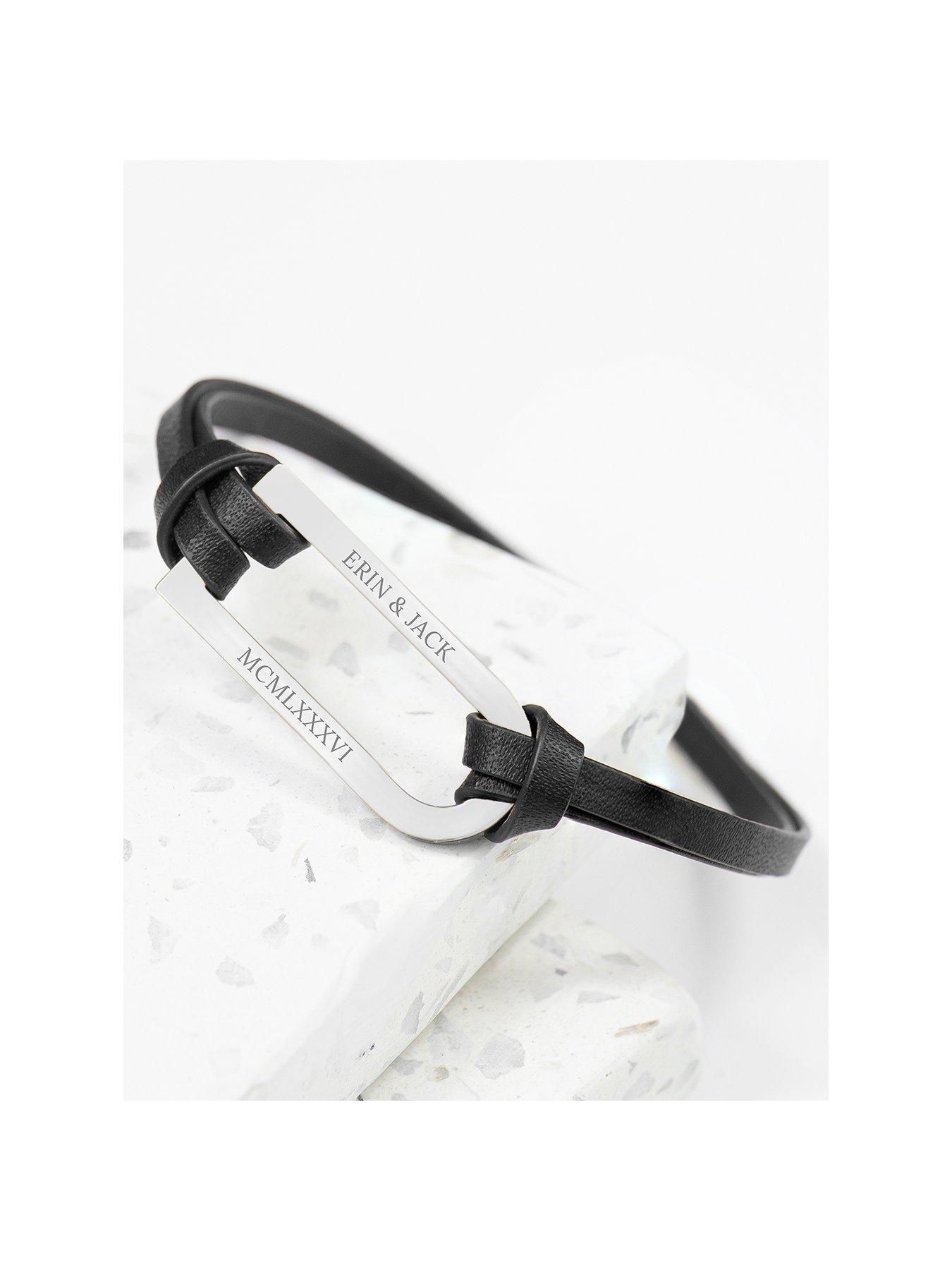 undefined Personalised Men's Bar Black and Silver Leather Bracelet