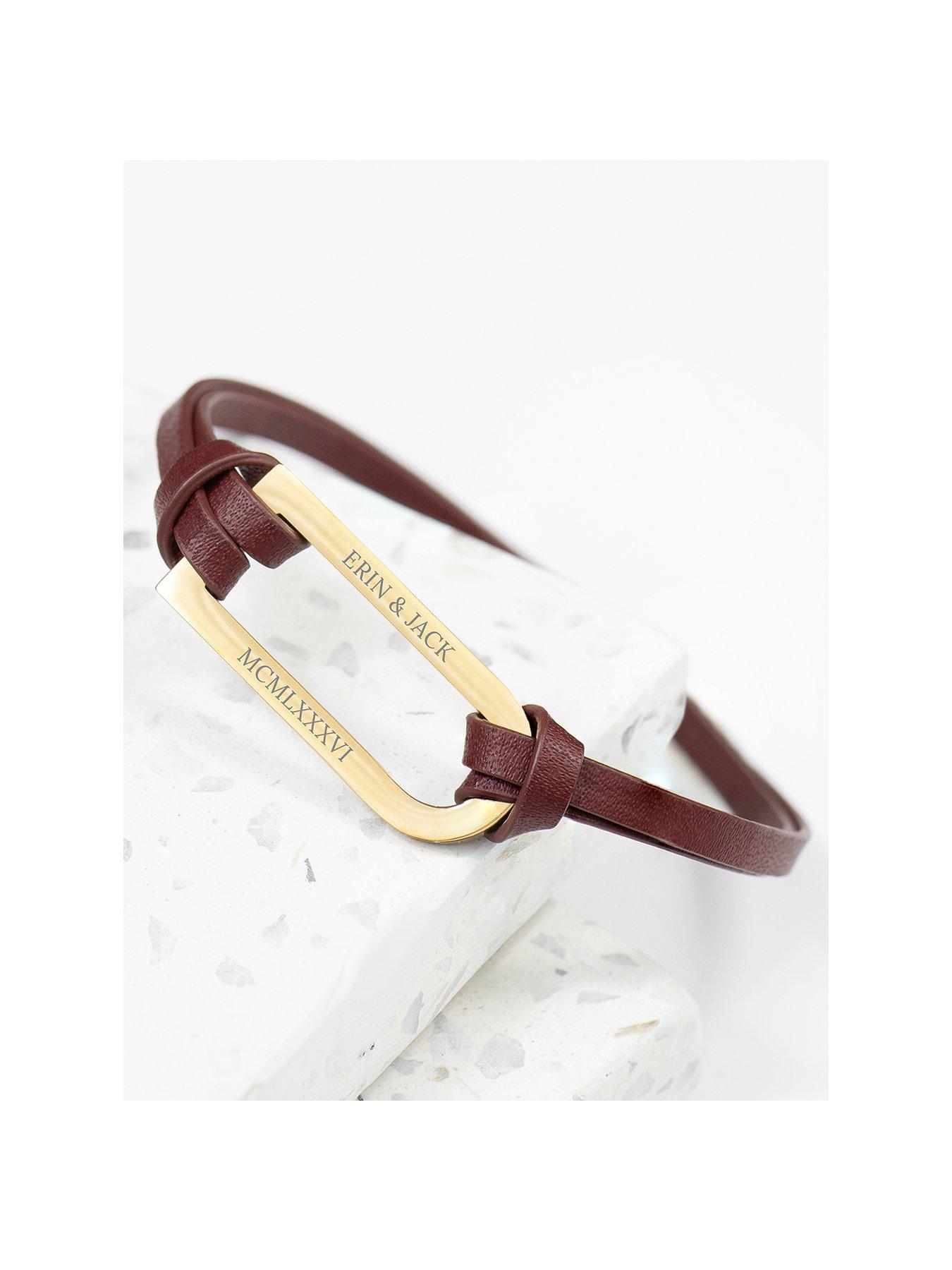 undefined Personalised Men's Bar Brown and Gold Leather Bracelet